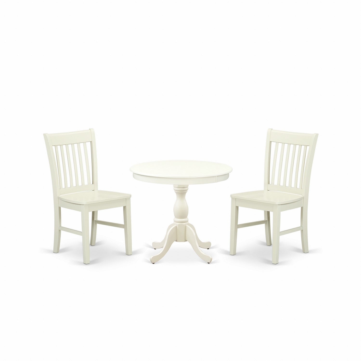 East West Furniture AMNF3-LWH-W 3 Piece Dining Room Table Set Includes 1 Wood Dining Table and 2 linen white Kitchen Chairs with Slatted Back - linen white Finish