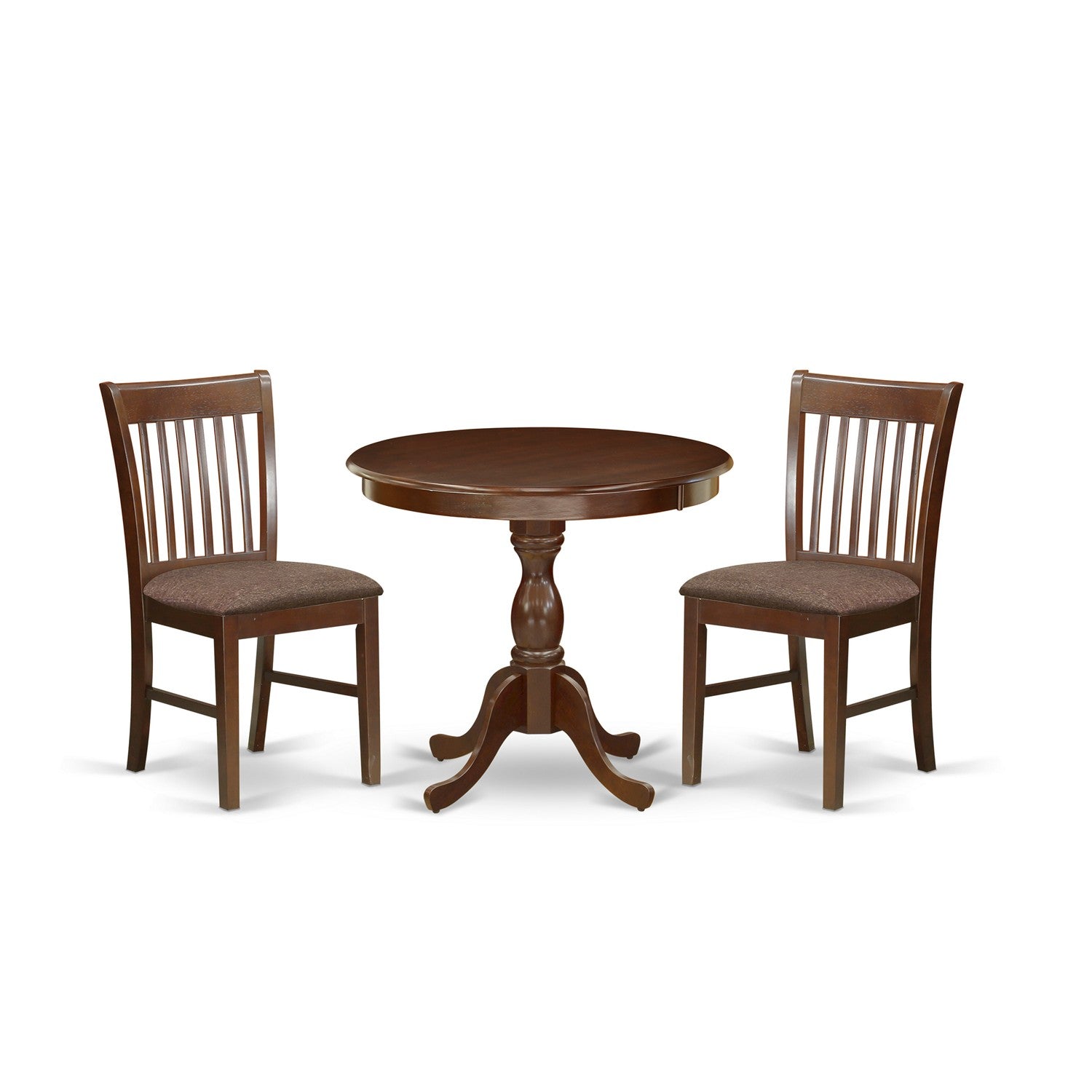 East West Furniture AMNF3-MAH-C 3 Piece Wooden Dining Table Set Includes 1 Round Pedestal Table and 2 Mahogany Linen Fabric Dining Chair with Slatted Back - Mahogany Finish