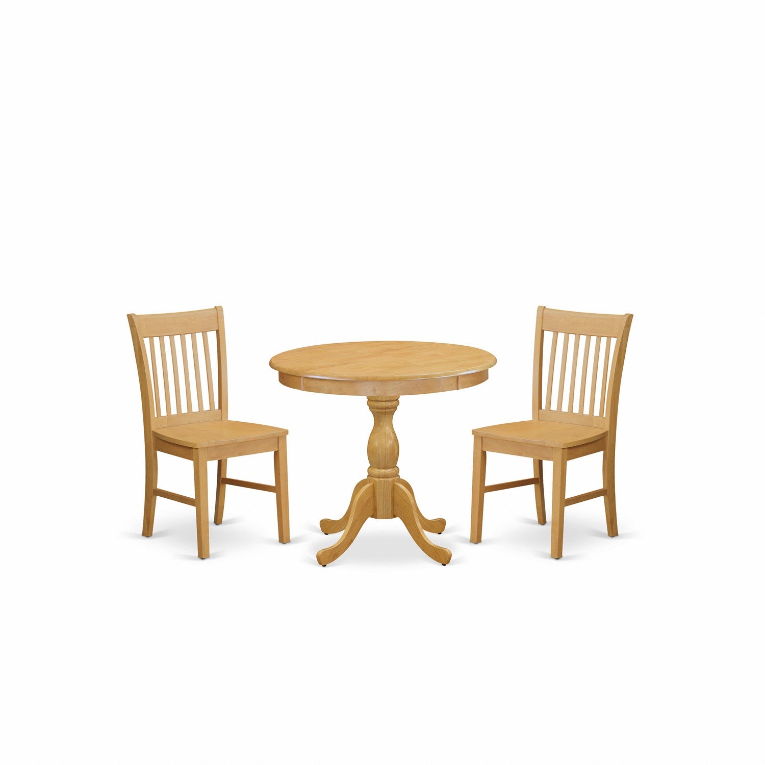 East West Furniture AMNF3-OAK-W 3 Piece Dining Room Table Set Includes 1 Modern Dining Room Table and 2 Oak Dining Room Chairs with Slatted Back - Oak Finish