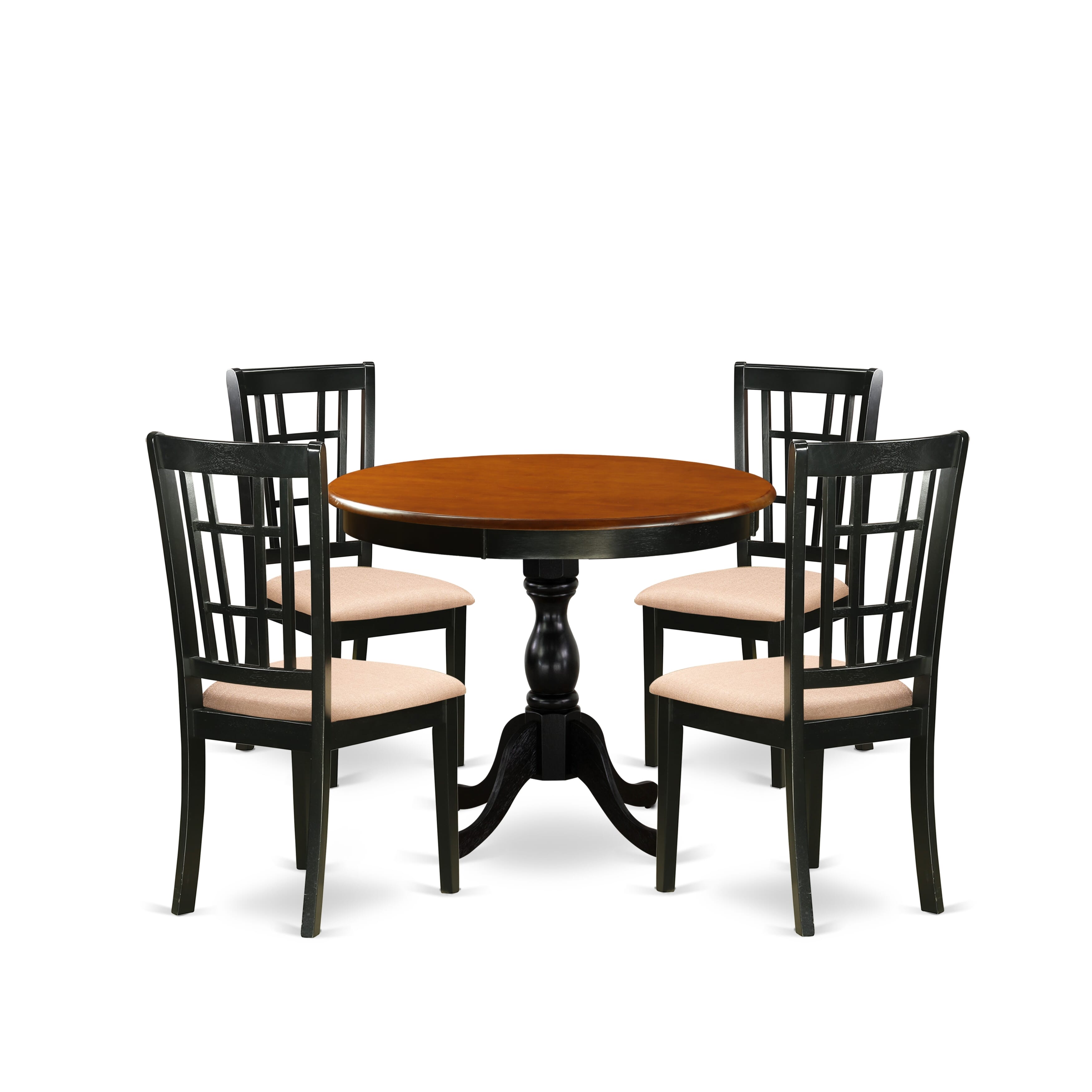 East West Furniture AMNI5-BCH-C 5-Piece Modern Dining Set Consists of a Mid Century Dining Table and 4 Linen Fabric Dinning Room Chairs with Slatted Back - Black Finish