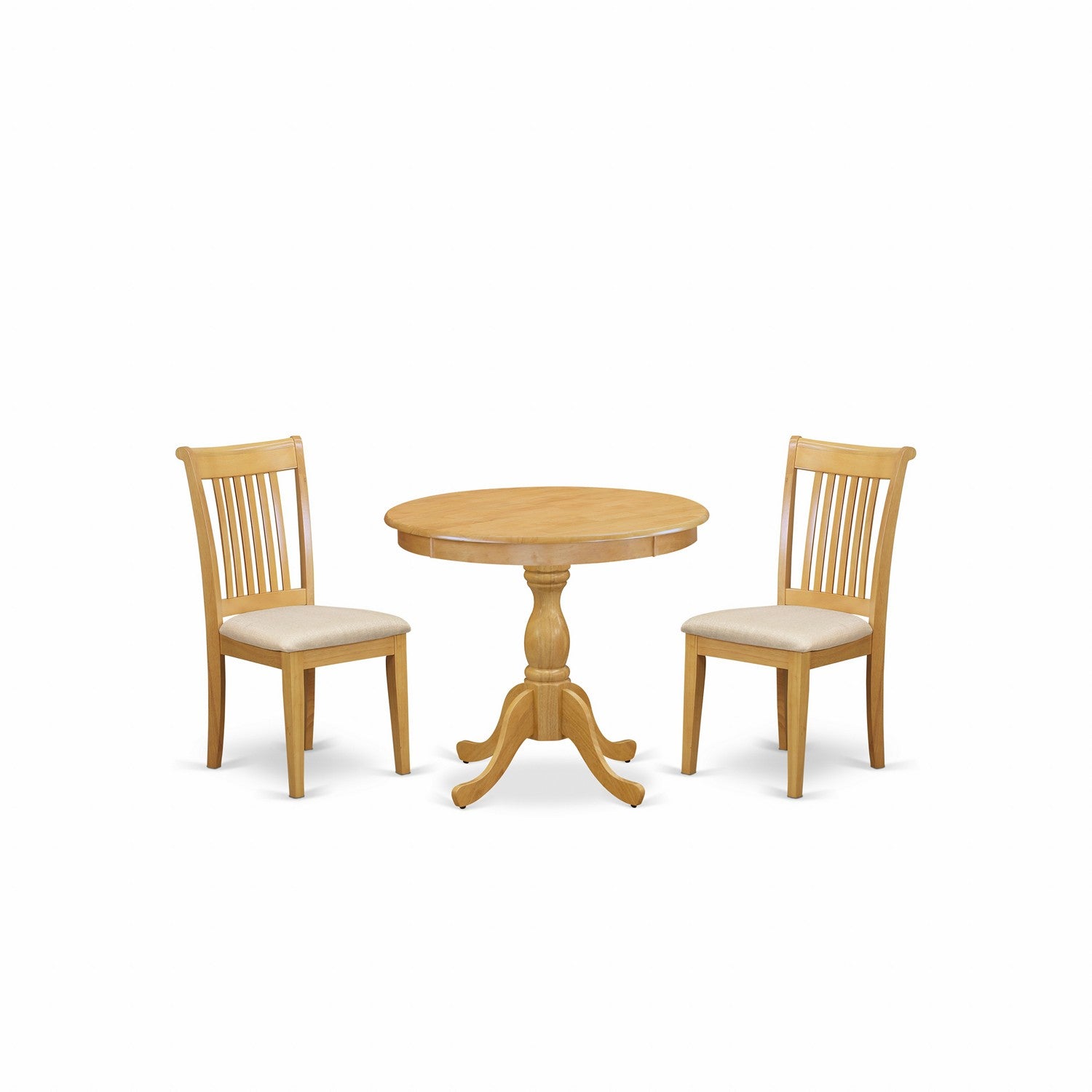 Juego de comedor de 3 piezas East West Furniture AMPO3-OAK-C. Incluye una mesa de comedor redonda con pedestal y 2 sillas tapizadas en tela de lino.