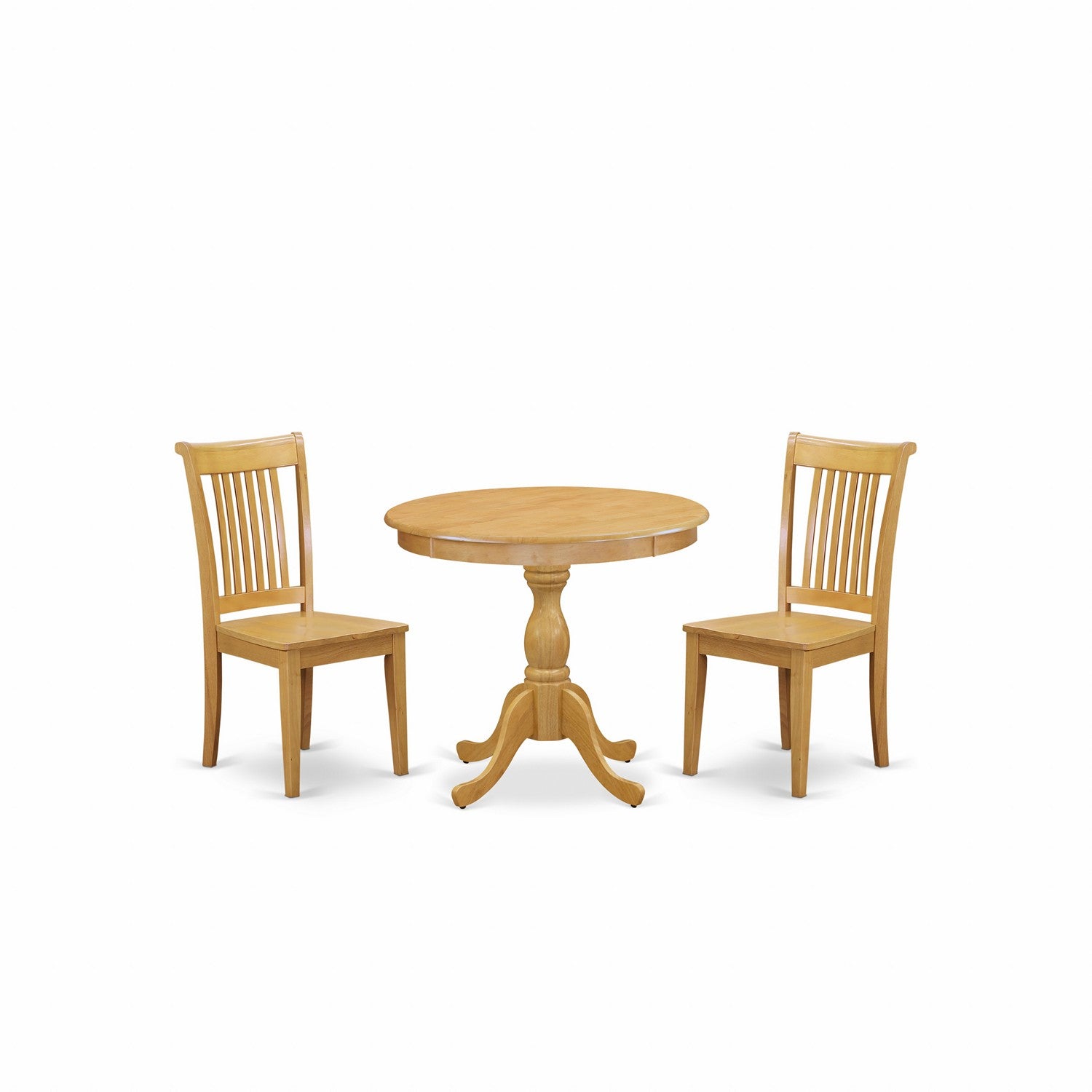 Juego de muebles de comedor de 3 piezas East West Furniture AMPO3-OAK-W. Contiene una mesa de comedor redonda con pedestal y 2 sillas con asiento de madera.