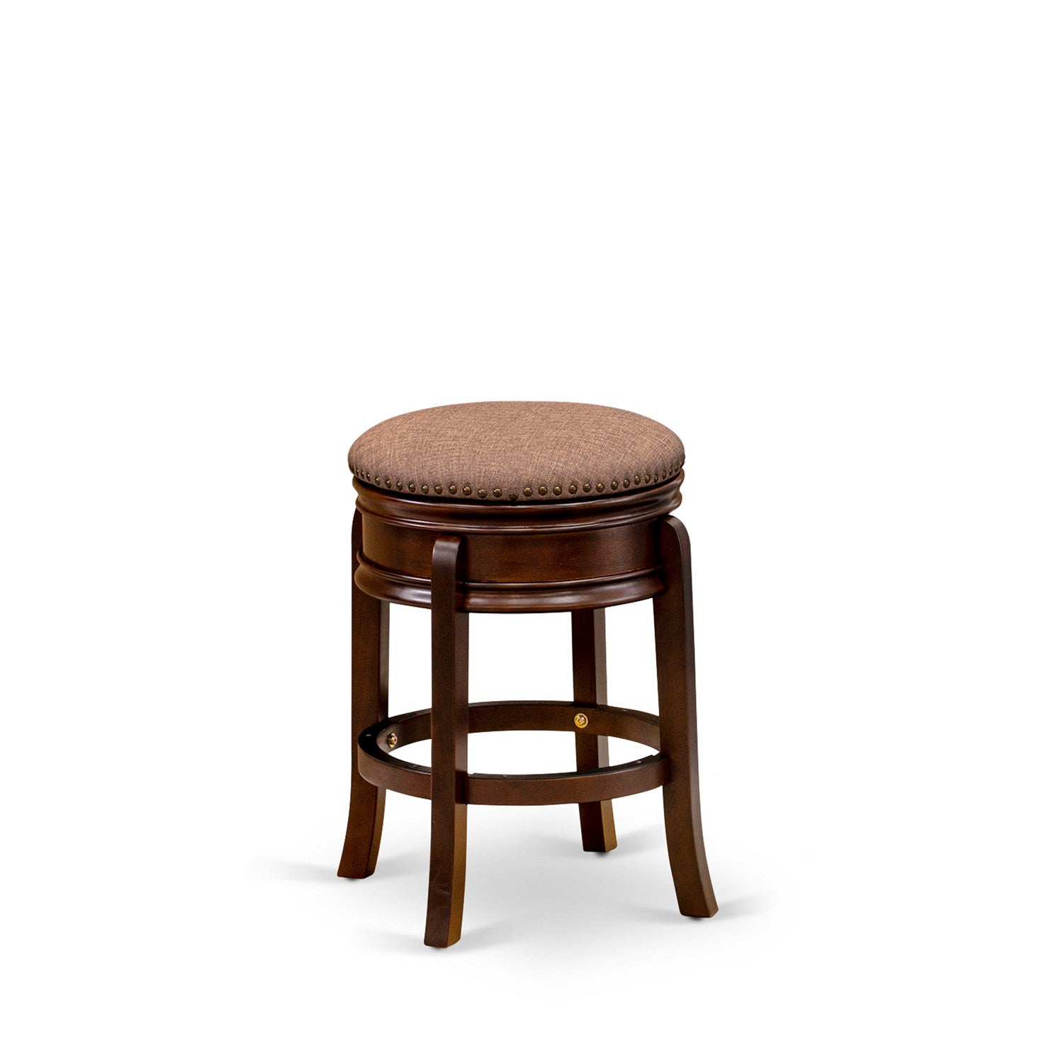 East West Furniture AMS024-303 Amazing Counter Bar Stool- Small Wooden Stool with Round Shape - Mocha PU leather Seat and 4 Wooden Curved Legs - Wooden Stool in Mahogany End