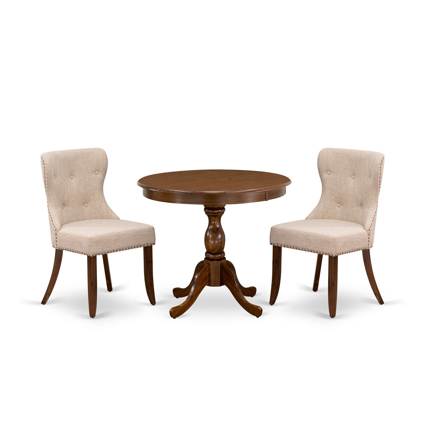 Juego de mesa de comedor de 3 piezas East West Furniture AMSI3-AWA-04 para espacios pequeños. Contiene una mesa de cocina redonda con pedestal y 2 sillas Parson de tela de lino color tostado claro.