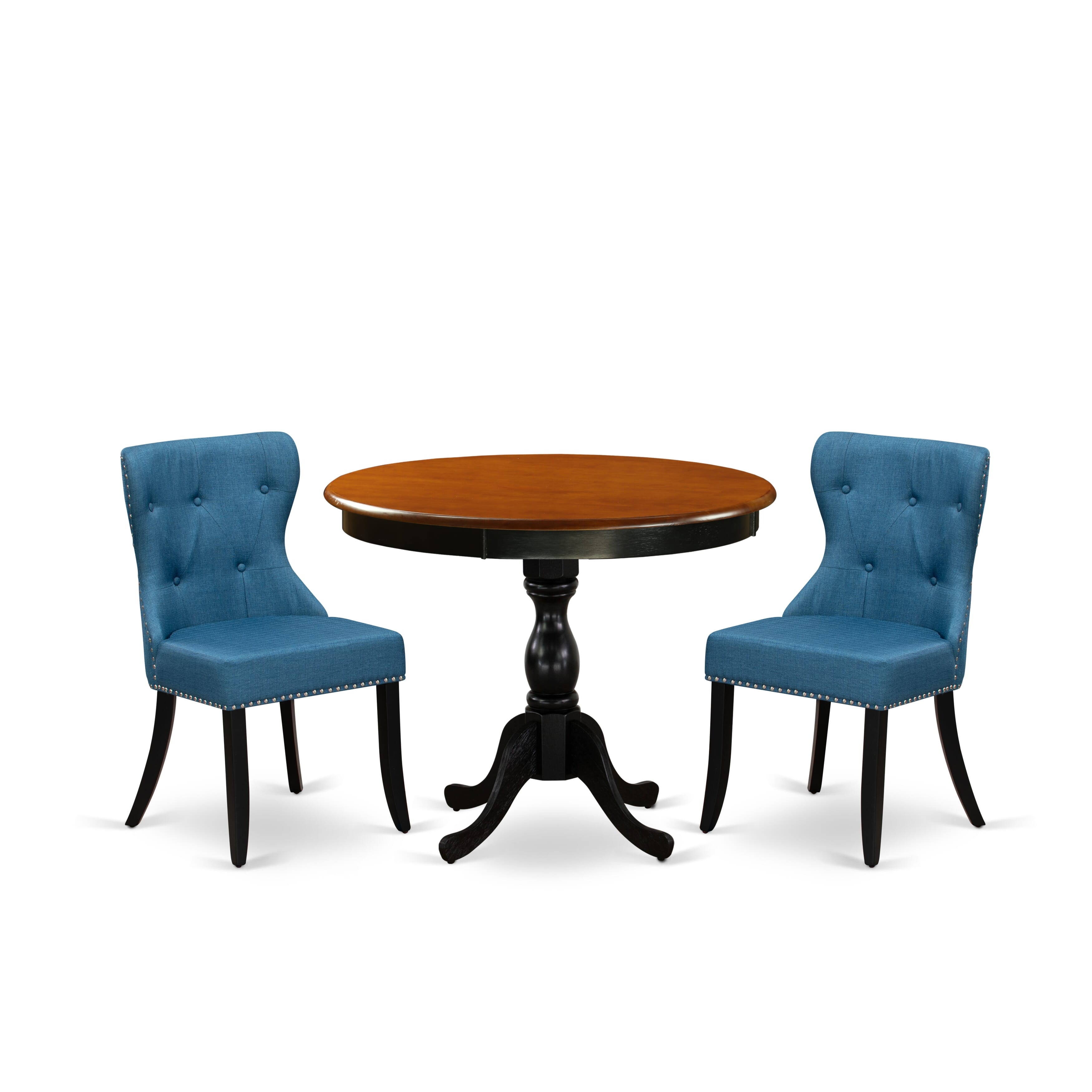 East West Furniture AMSI3-BCH-21 3-Pc Dining Table Set Contains a Wood Dining Table and 2 Blue Linen Fabric Mid Century Modern Chairs with Button Tufted Back - Black Finish