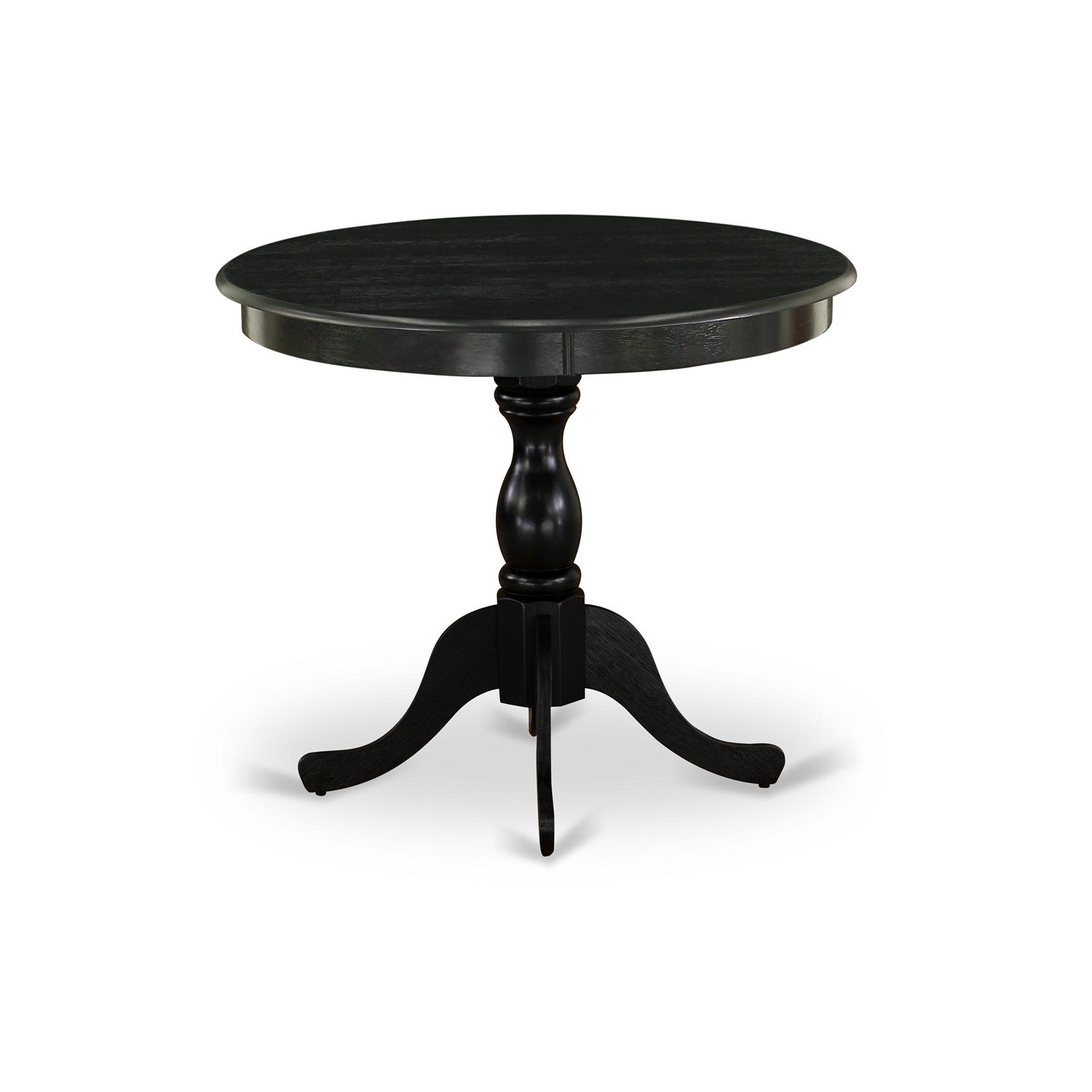 Juego de comedor de 3 piezas East West Furniture AMVA3-BLK-C. Incluye una mesa de comedor redonda con pedestal y 2 sillas tapizadas en tela de lino.