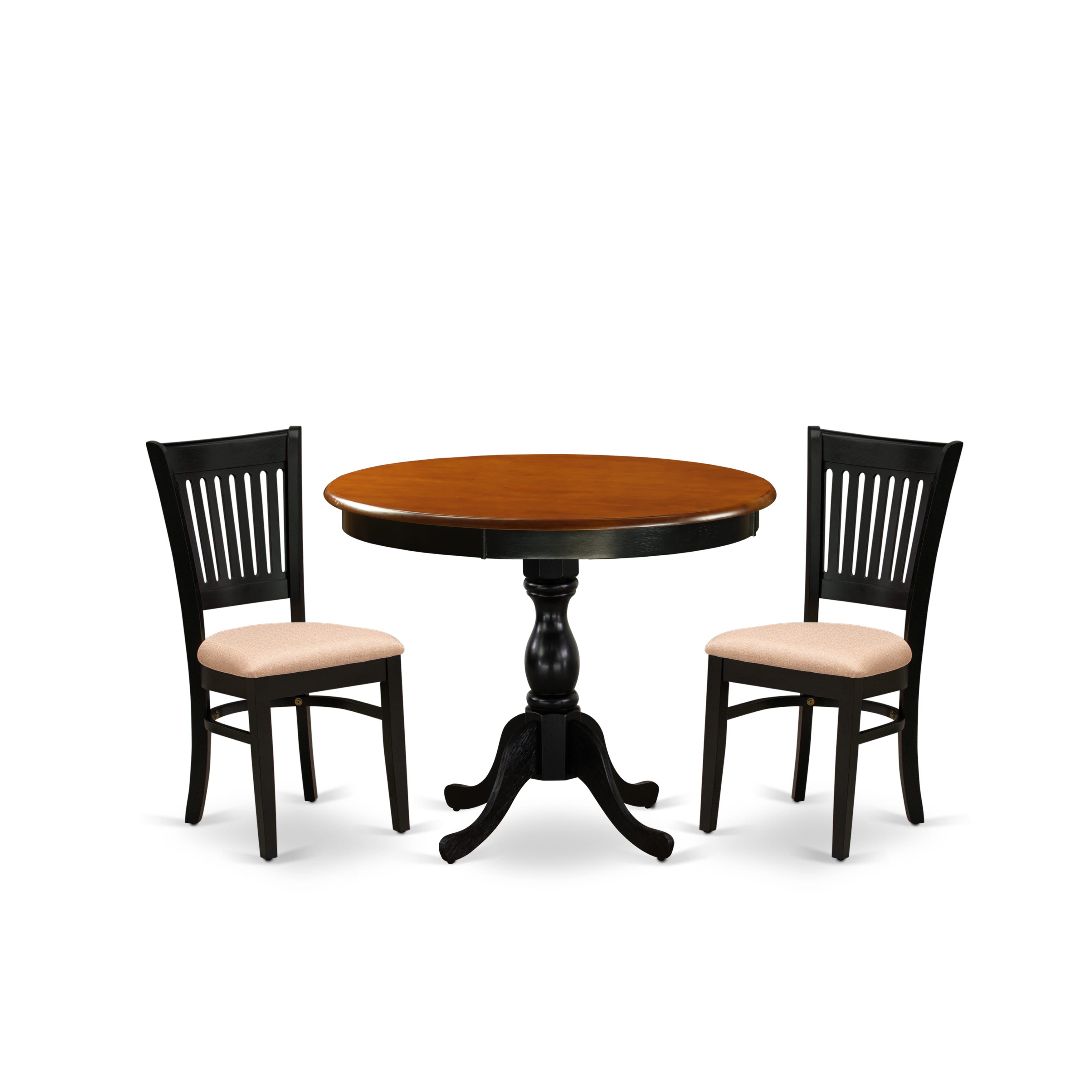 East West Furniture AMVA3-BCH-C 3-Pc Kitchen Dining Table Set Consists of a Kitchen Table and 2 Linen Fabric Mid Century Chairs with Slatted Back - Black Finish
