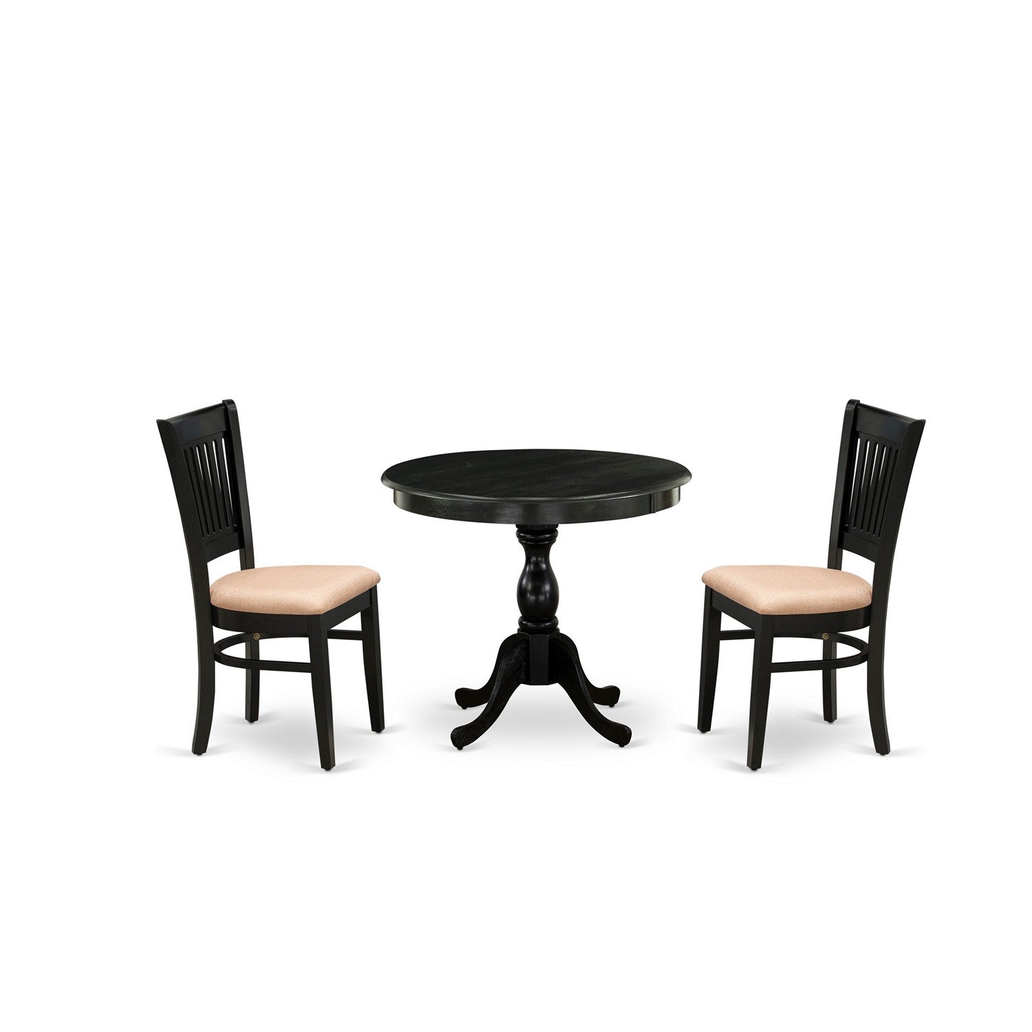 Juego de comedor de 3 piezas East West Furniture AMVA3-BLK-C. Incluye una mesa de comedor redonda con pedestal y 2 sillas tapizadas en tela de lino.