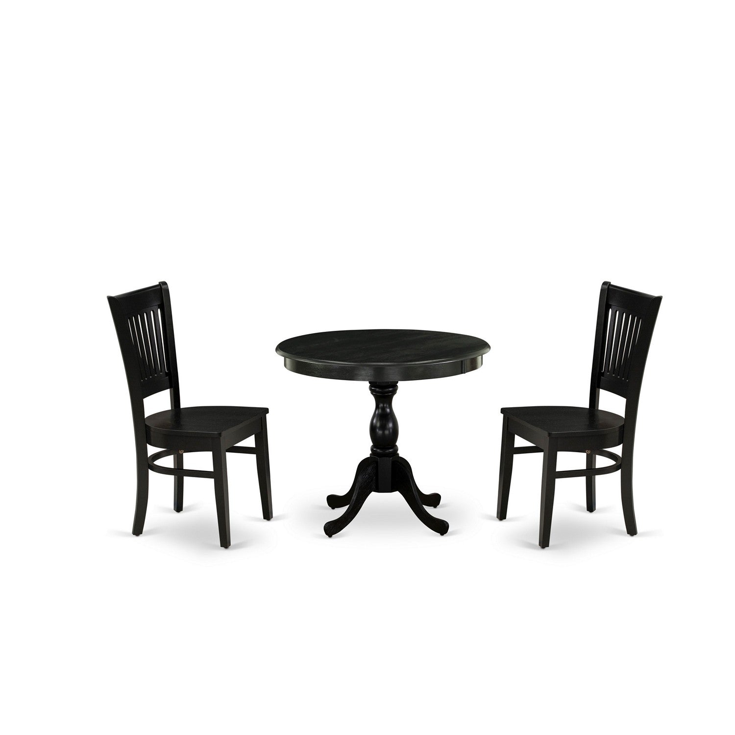 Juego de mesa de comedor de 3 piezas East West Furniture AMVA3-BLK-W para espacios pequeños. Contiene una mesa de cocina redonda con pedestal y 2 sillas de comedor.
