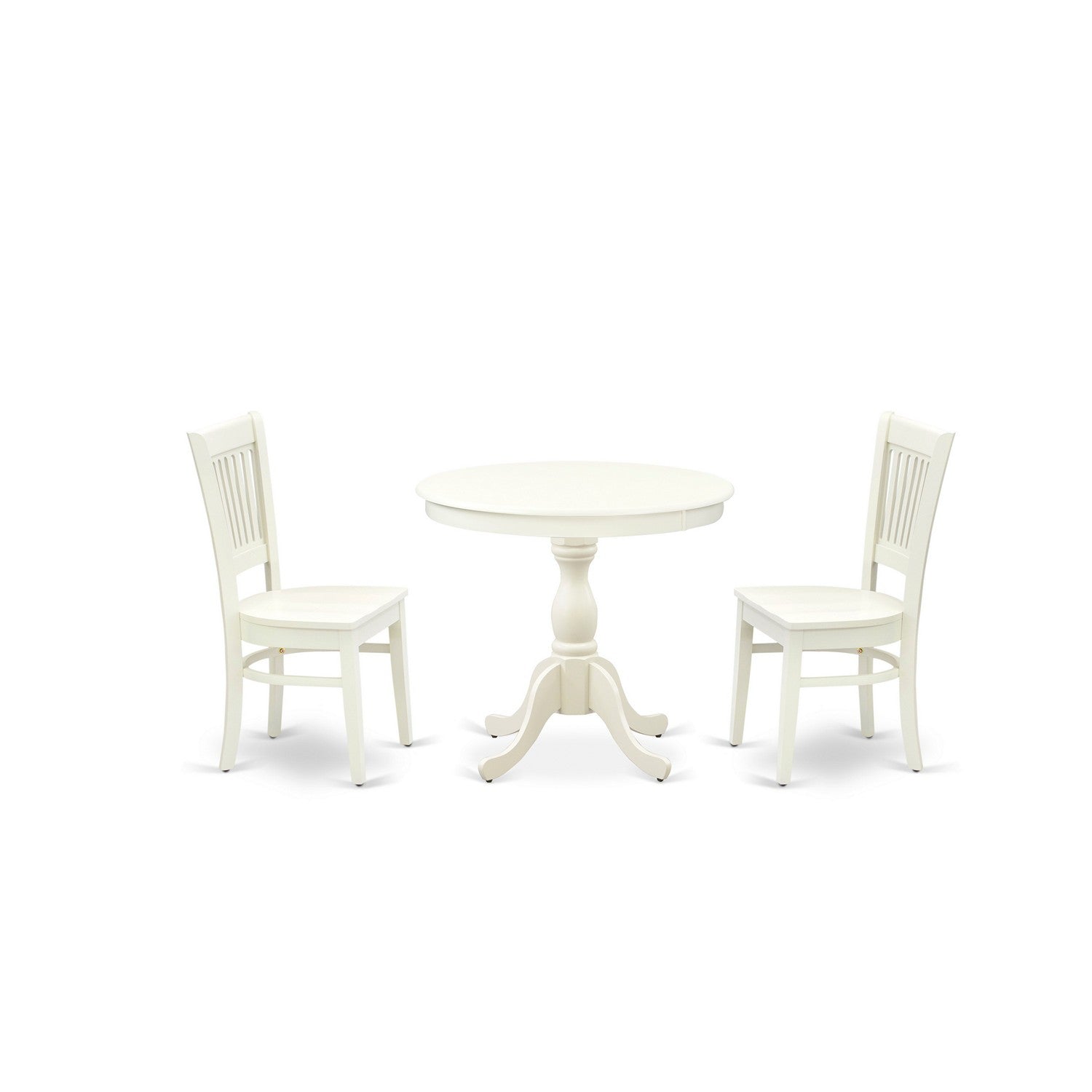 Juego de mesa de cocina de 3 piezas East West Furniture AMVA3-LWH-W para espacios pequeños. Contiene una mesa de comedor redonda con pedestal y 2 sillas de comedor.