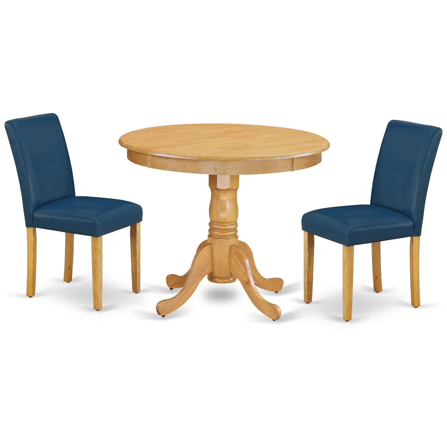 Juego de mesa y sillas de cocina de 3 piezas ANAB3-OAK-55 de East West Furniture. Incluye una mesa de comedor redonda con pedestal y dos sillas Parsons de piel sintética azul oasis.