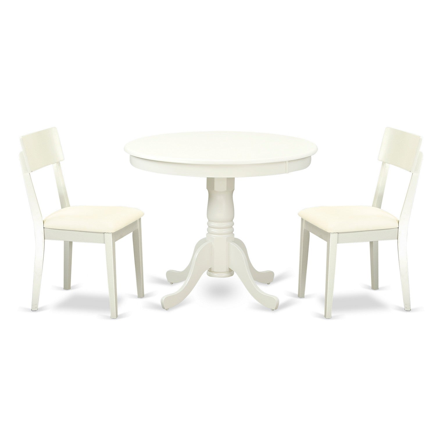 Juego de mesa y sillas de cocina de 3 piezas ANAD3-LWH-LC de East West Furniture. Incluye una mesa de comedor redonda con pedestal y 2 sillas de comedor tapizadas en piel sintética.