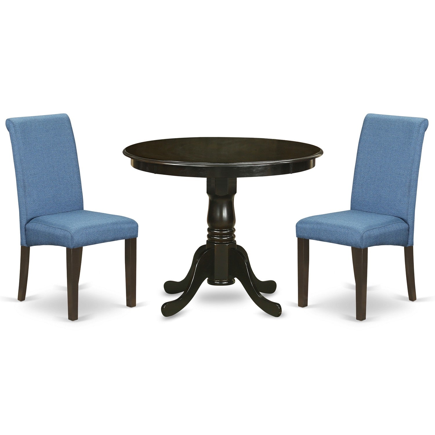 East West Furniture ANBA3-CAP-21 3 Piece Dining Set Contains a Round Kitchen Table with Pedestal and 2 Blue Color Linen Fabric Upholstered Parson Chairs
