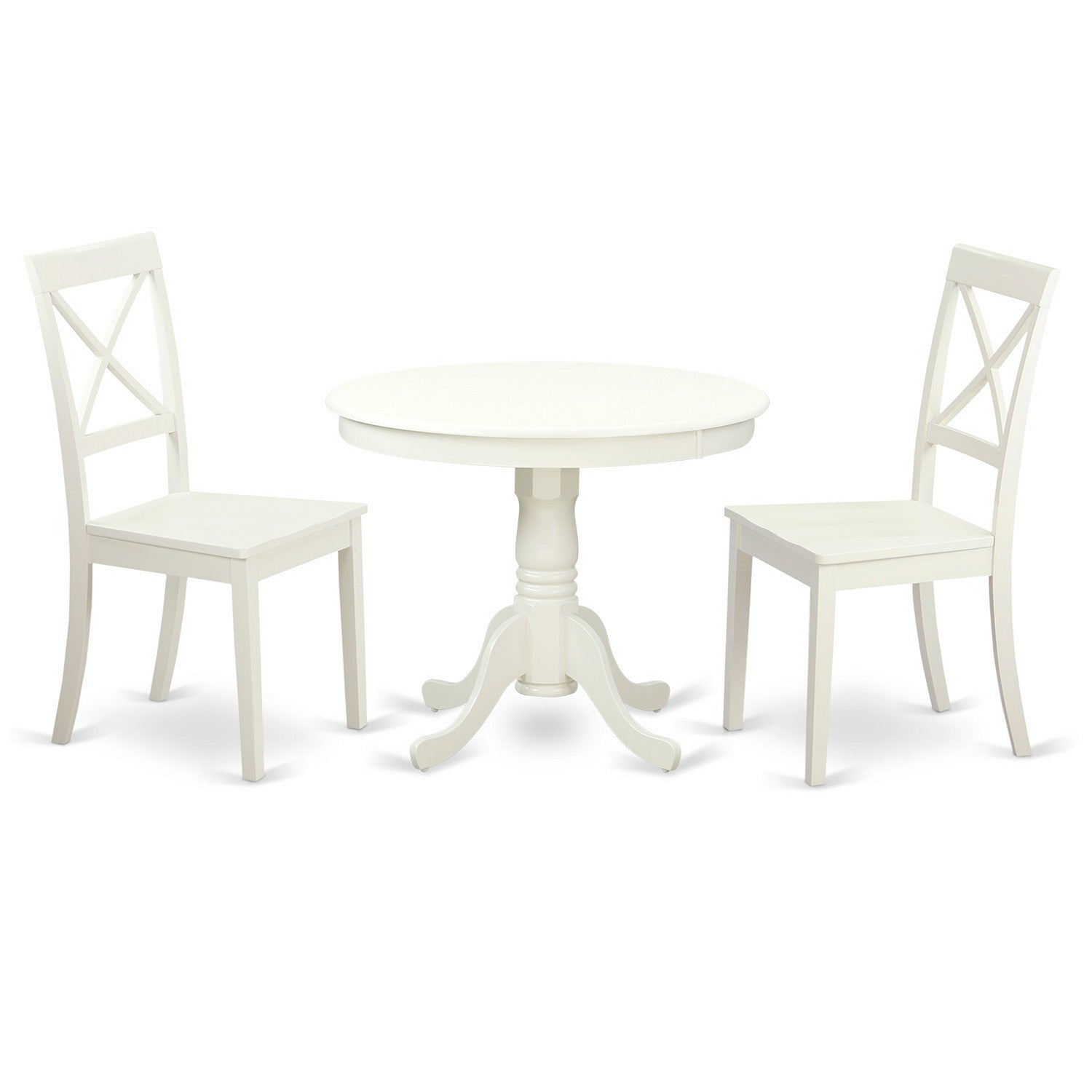 Juego de mesa y sillas de cocina de 3 piezas East West Furniture ANBO3-LWH-W. Incluye una mesa de comedor redonda con pedestal y 2 sillas con asiento de madera maciza.