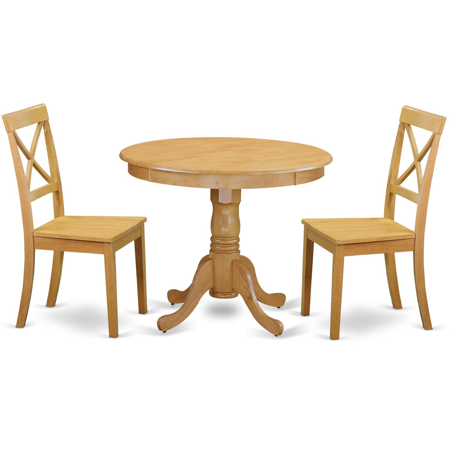 Juego de mesa de comedor moderna de 3 piezas East West Furniture ANBO3-OAK-W que incluye una mesa de cocina redonda con pedestal y 2 sillas de comedor de cocina.