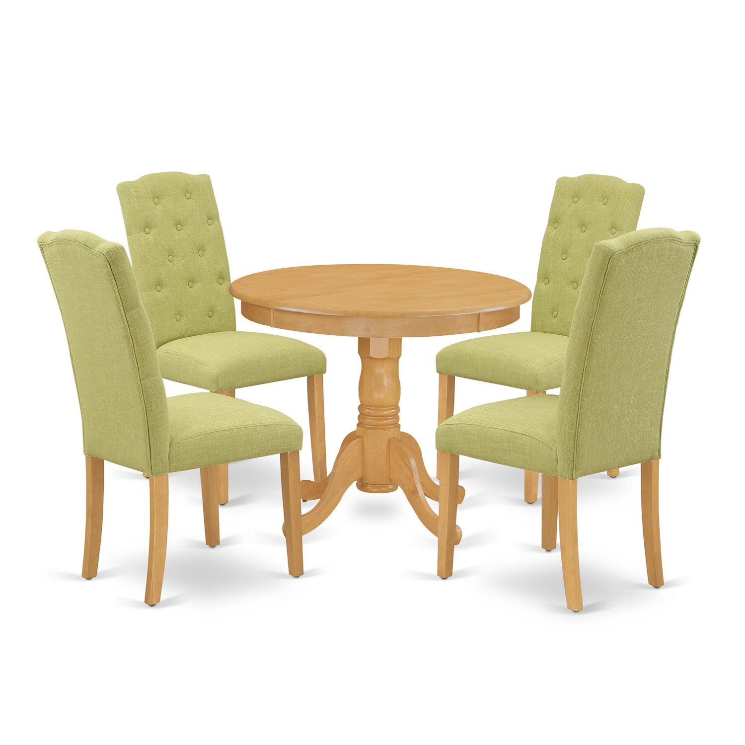 ANCE5-OAK-07 5Pc Dining Set Includes a Small Round Dinette Table and Four Parson Chairs with Lime Green Fabric, Oak Finish