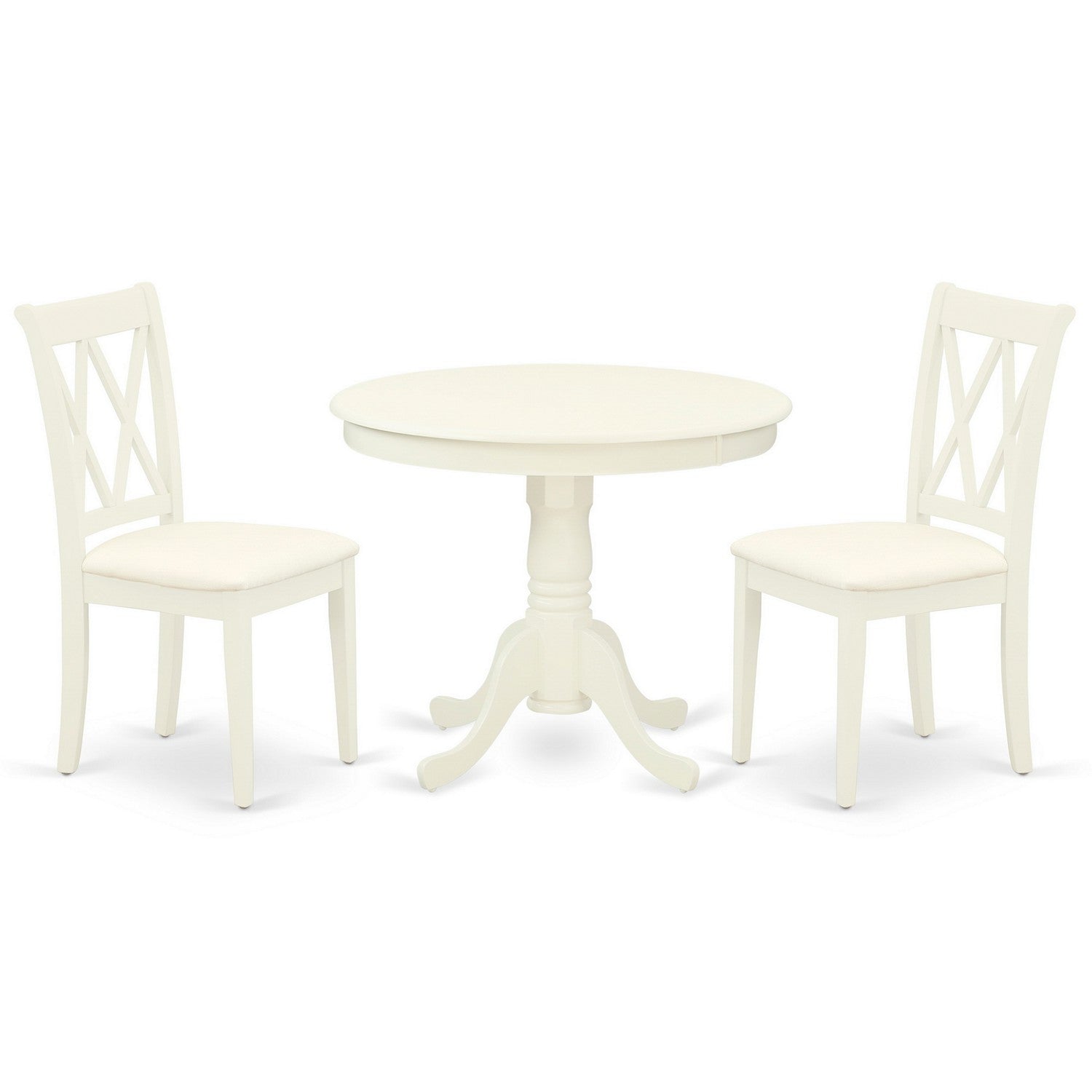 Juego de mesa de comedor de 3 piezas East West Furniture ANCL3-LWH-C para espacios pequeños. Incluye una mesa de cocina redonda con pedestal y 2 sillas de comedor de tela de lino.