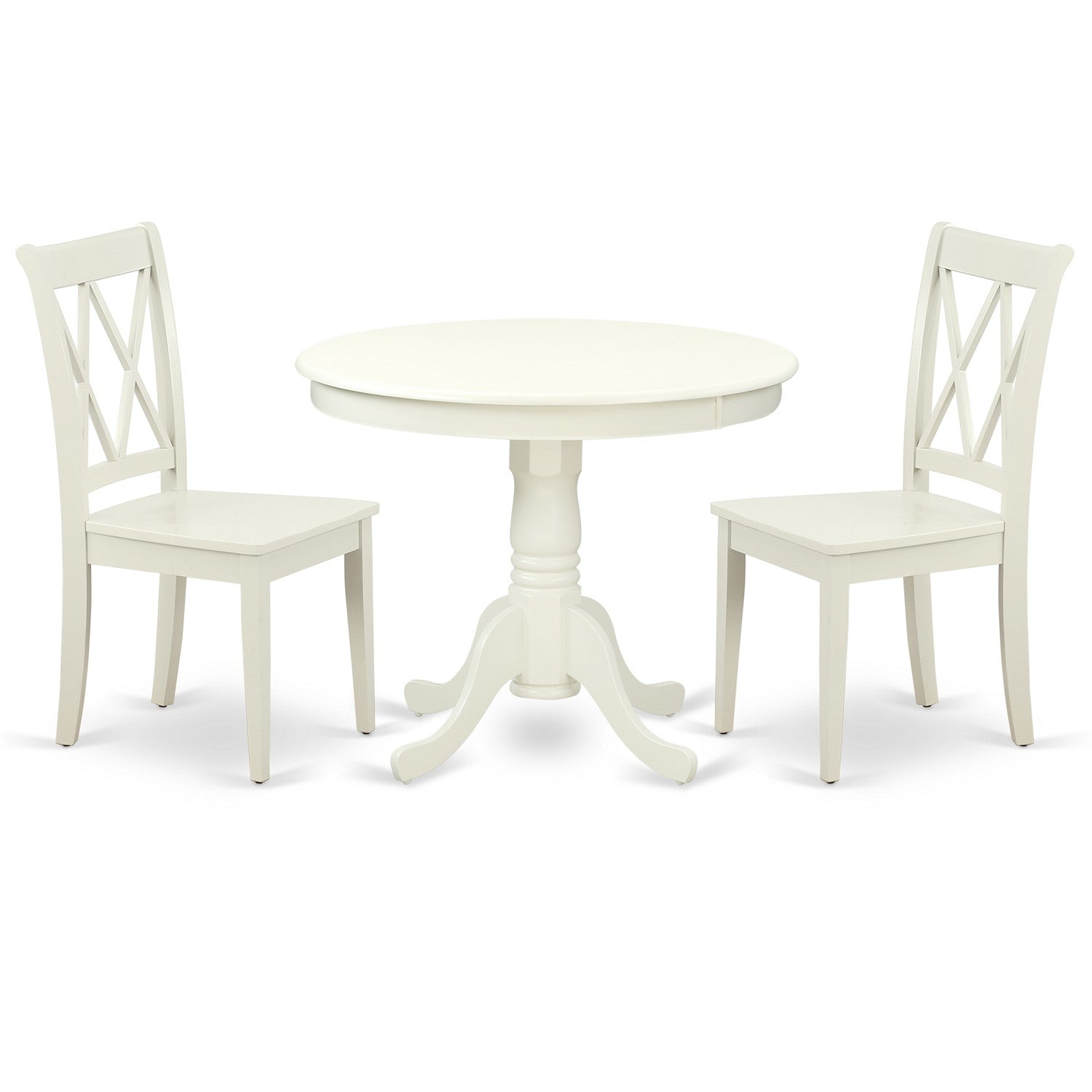 Juego de mesa de cocina de 3 piezas East West Furniture ANCL3-LWH-W para espacios pequeños. Contiene una mesa de comedor redonda con pedestal y 2 sillas con asiento de madera maciza.