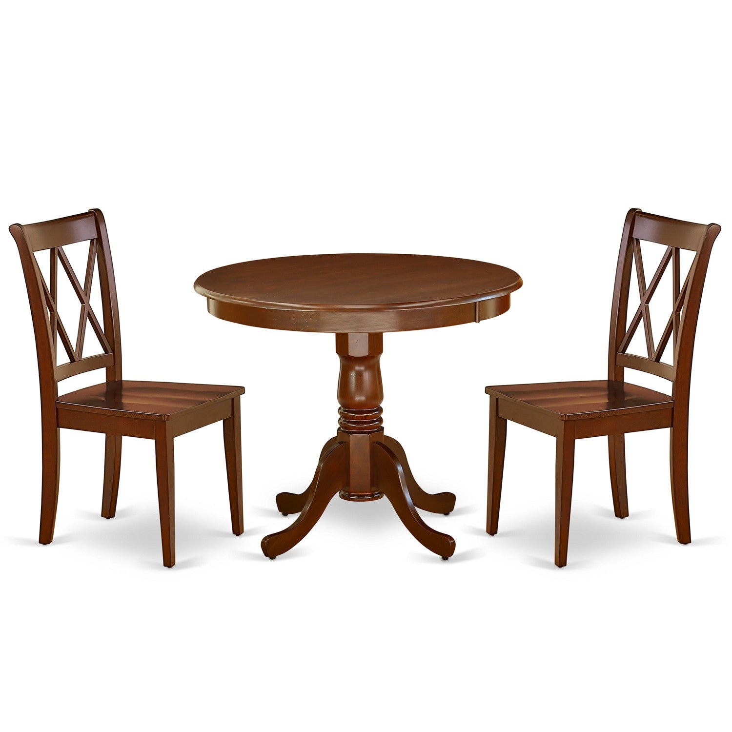 Juego de comedor de 3 piezas East West Furniture ANCL3-MAH-W para espacios pequeños. Contiene una mesa de comedor redonda con pedestal y 2 sillas de comedor de cocina.