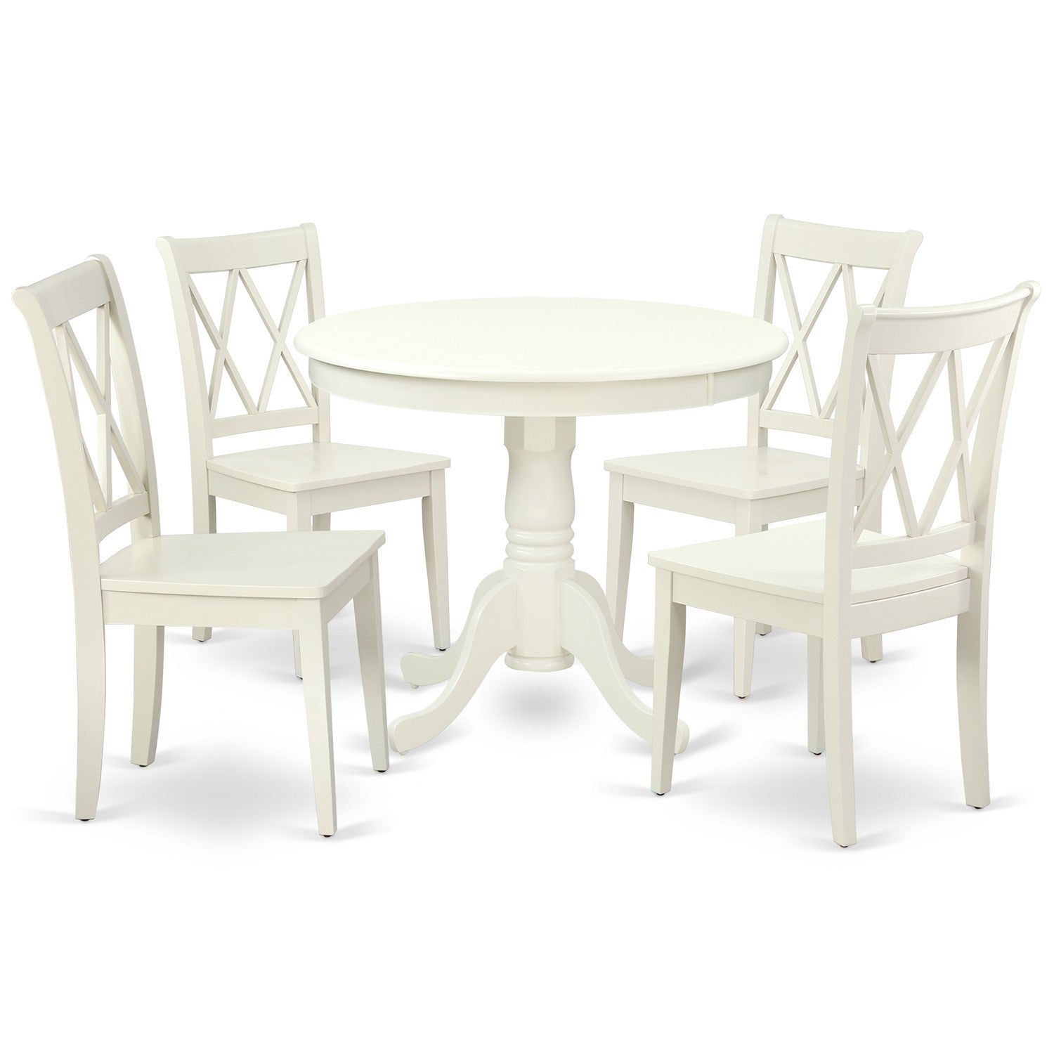 Juego de mesa de comedor East West Furniture ANCL5-LWH-W de 5 piezas para 4 personas. Incluye una mesa de cocina redonda con pedestal y 4 sillas de comedor de cocina.