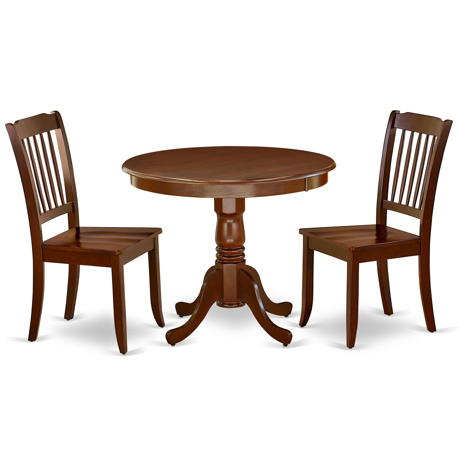 Juego de mesa y sillas de cocina de 3 piezas ANDA3-MAH-W de East West Furniture. Incluye una mesa de comedor redonda con pedestal y 2 sillas de comedor.