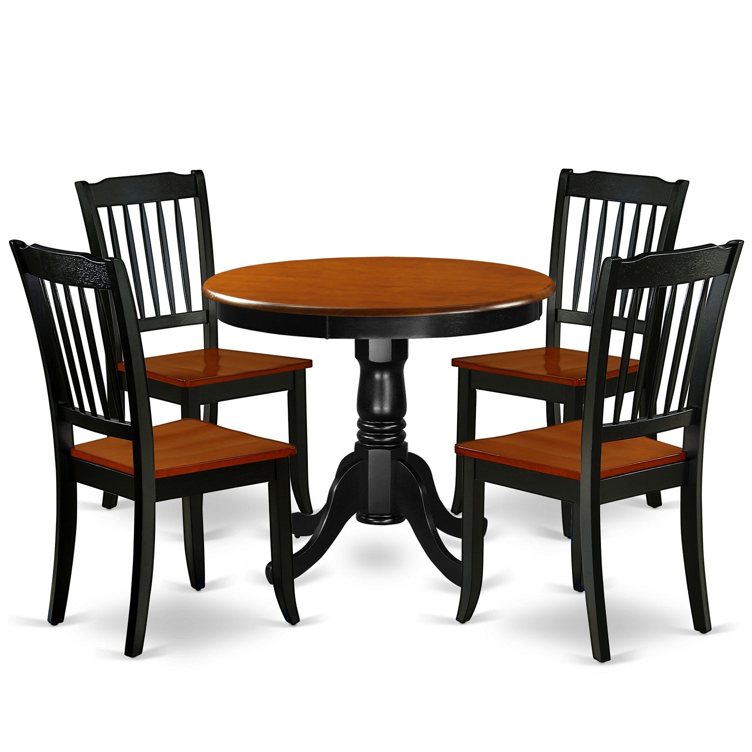 Juego de mesa de comedor de 5 piezas ANDA5-BCH-W de East West Furniture. Incluye una mesa redonda de madera con pedestal y 4 sillas de comedor de cocina.