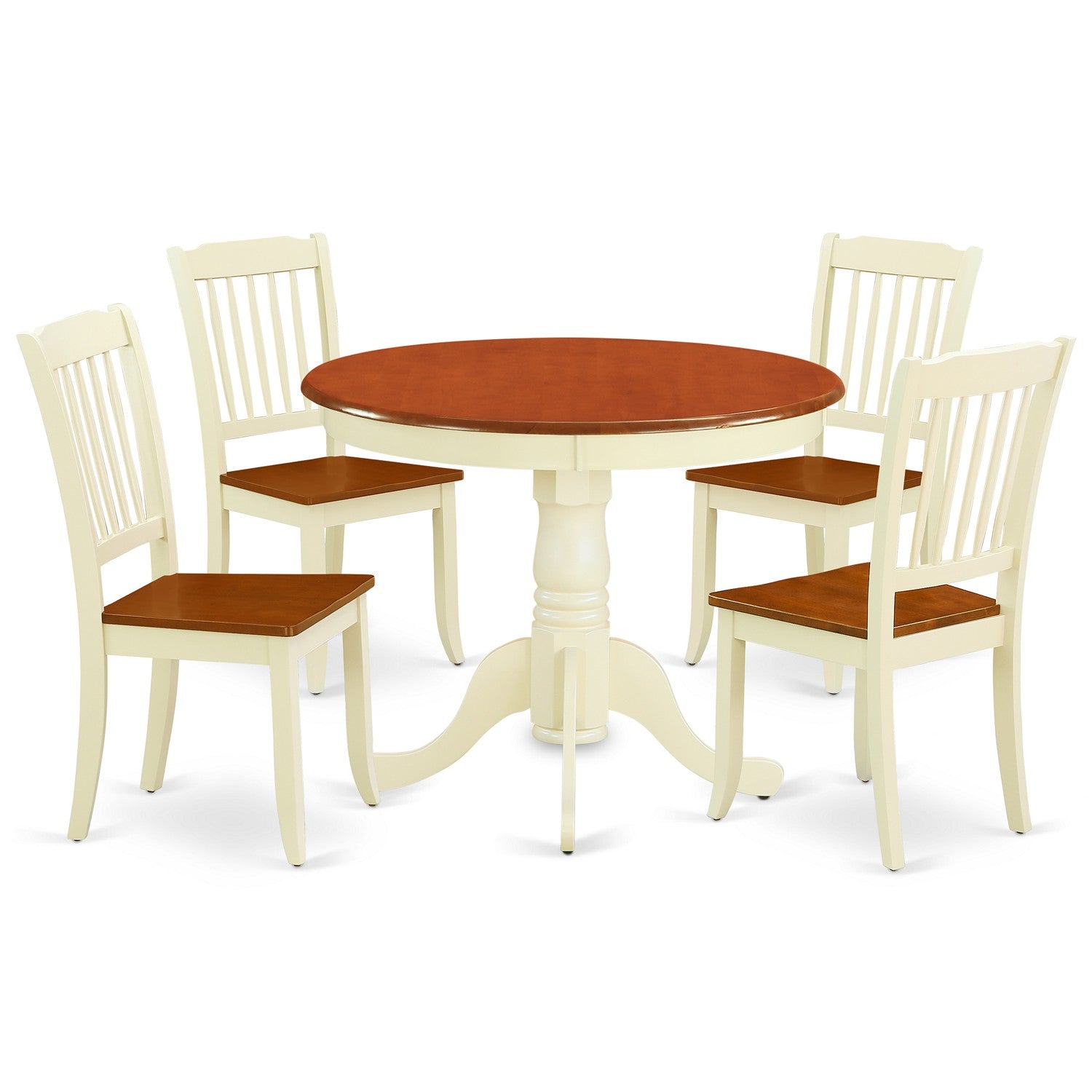Juego de comedor de 5 piezas ANDA5-BMK-W de East West Furniture. Incluye una mesa de cocina redonda con pedestal y 4 sillas de comedor.