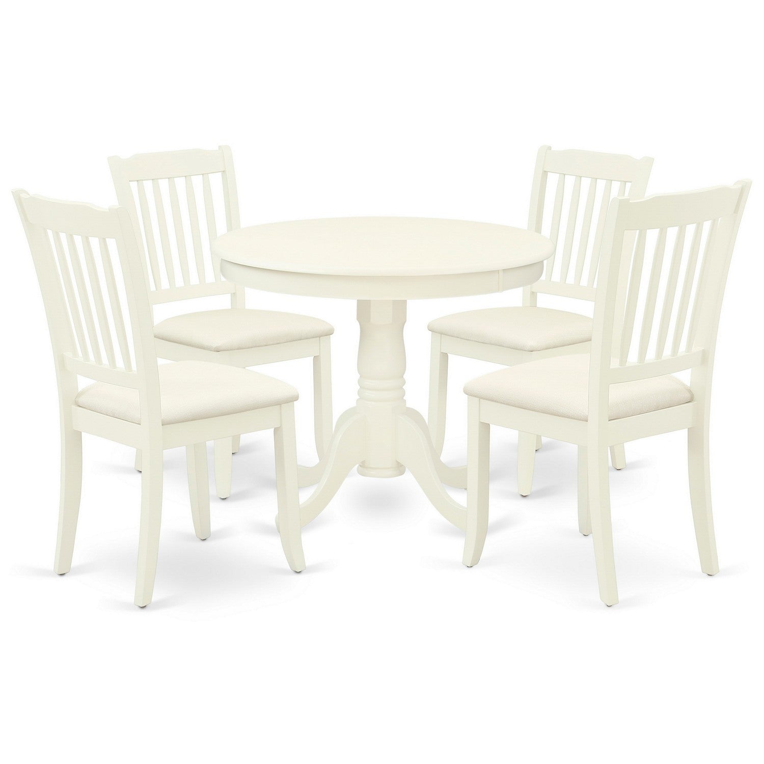 Juego de mesa de comedor moderna de 5 piezas ANDA5-LWH-C de East West Furniture. Incluye una mesa de cocina redonda con pedestal y 4 sillas de comedor de cocina de tela de lino.