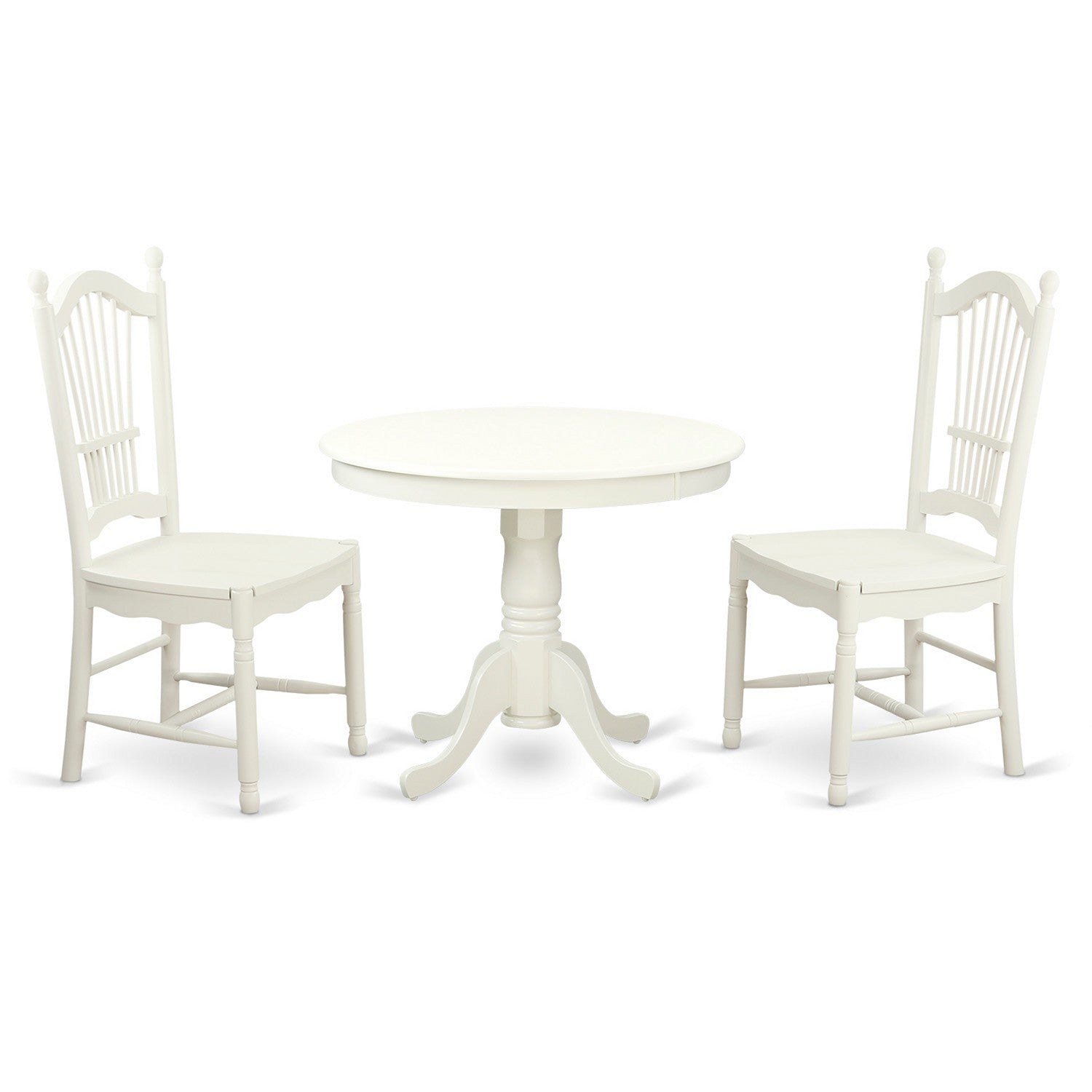 Juego de comedor de 3 piezas ANDO3-LWH-W de East West Furniture para espacios pequeños. Contiene una mesa de cocina redonda con pedestal y 2 sillas de comedor.