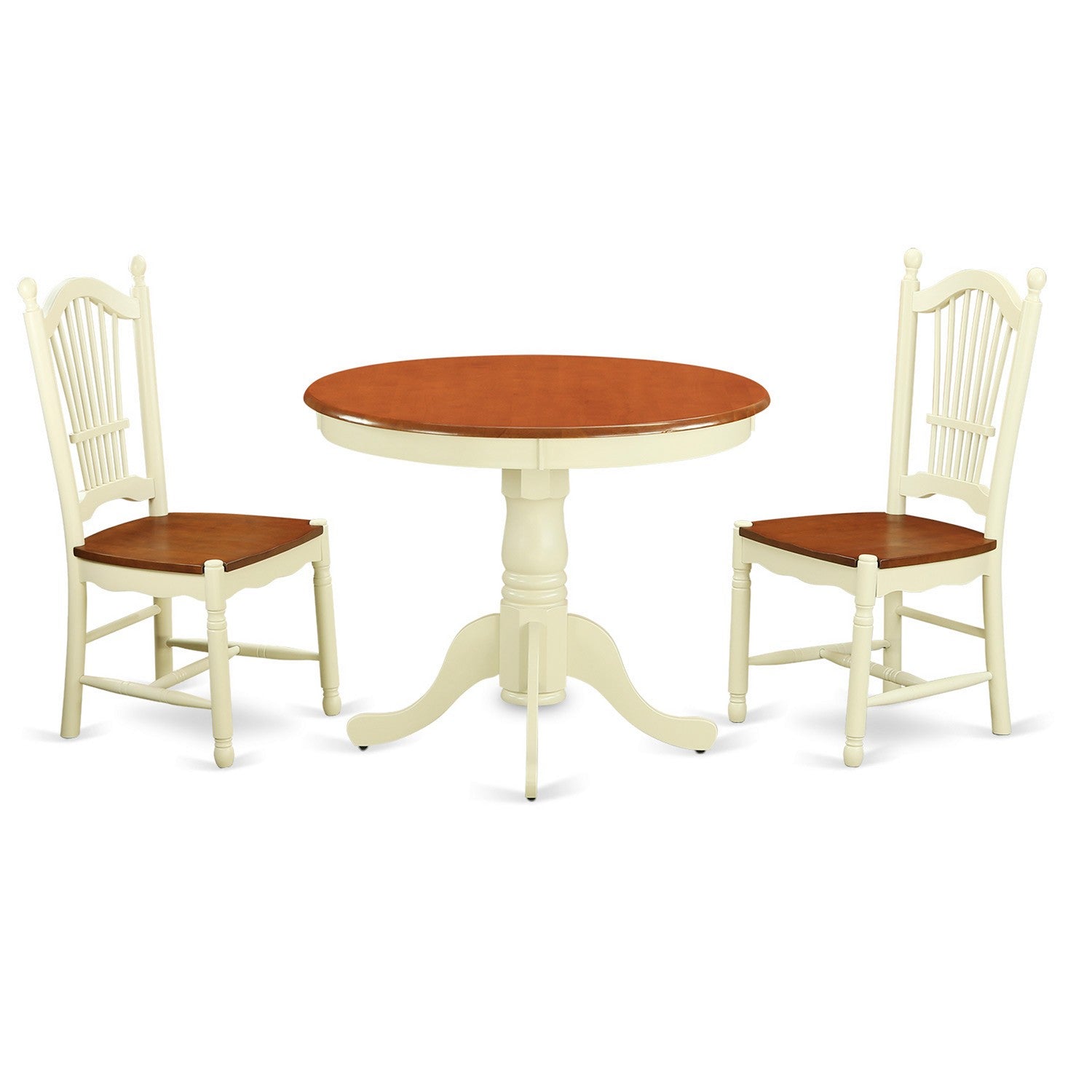 Juego de mesa y sillas de cocina de 3 piezas ANDO3-WHI-W de East West Furniture. Incluye una mesa de comedor redonda con pedestal y 2 sillas con asiento de madera maciza.