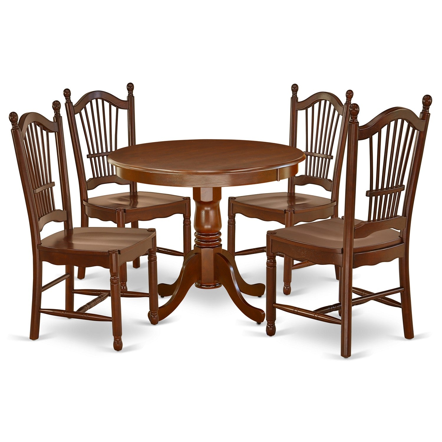 Juego de mesa de comedor de 5 piezas East West Furniture ANDO5-MAH-W para 4 personas. Incluye una mesa de cocina redonda con pedestal y 4 sillas de comedor.