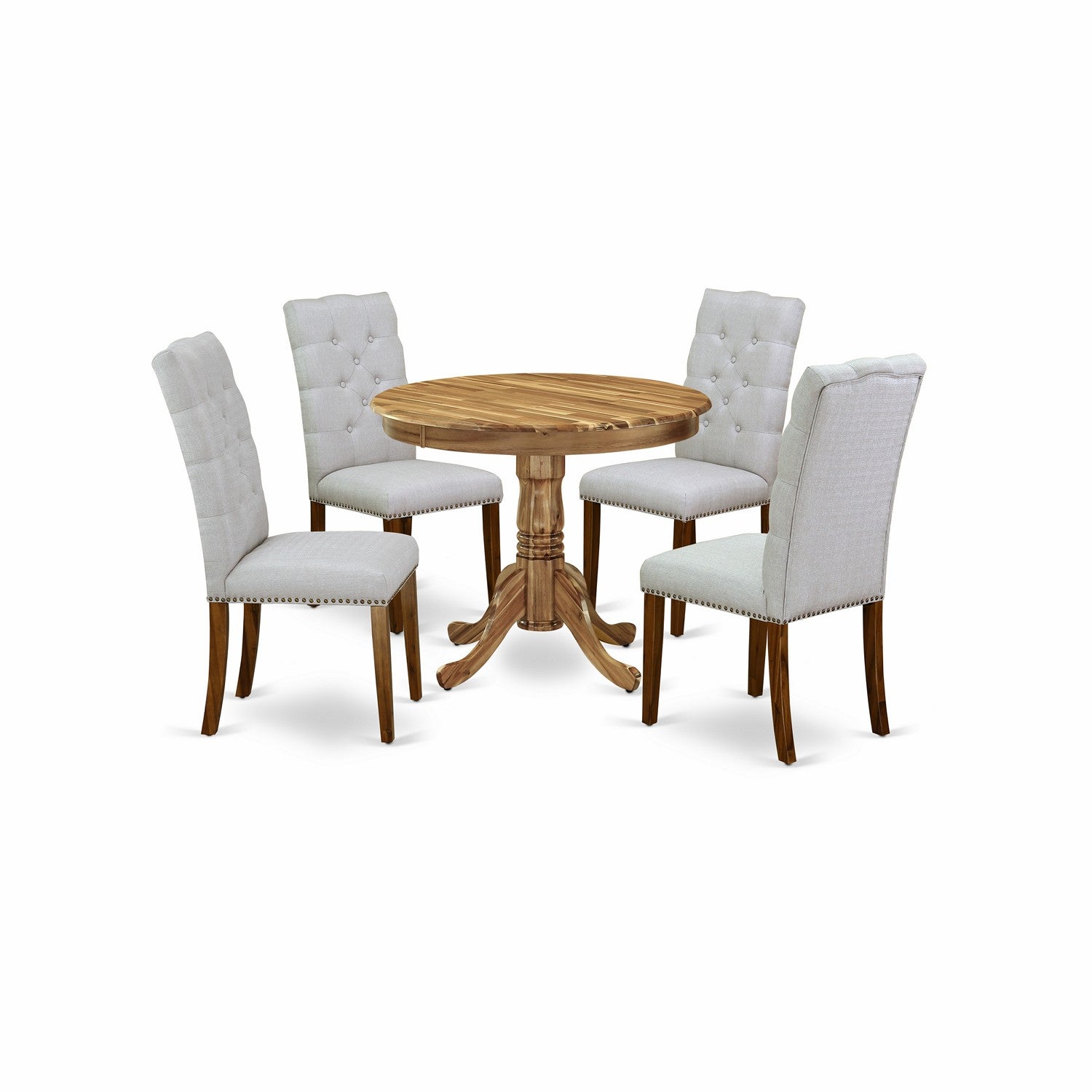 Juego de mesa de cocina de 5 piezas East West Furniture ANEL5-ANA-05 para 4 personas. Incluye una mesa de comedor redonda con pedestal y 4 sillas Parson tapizadas en tela de lino gris.
