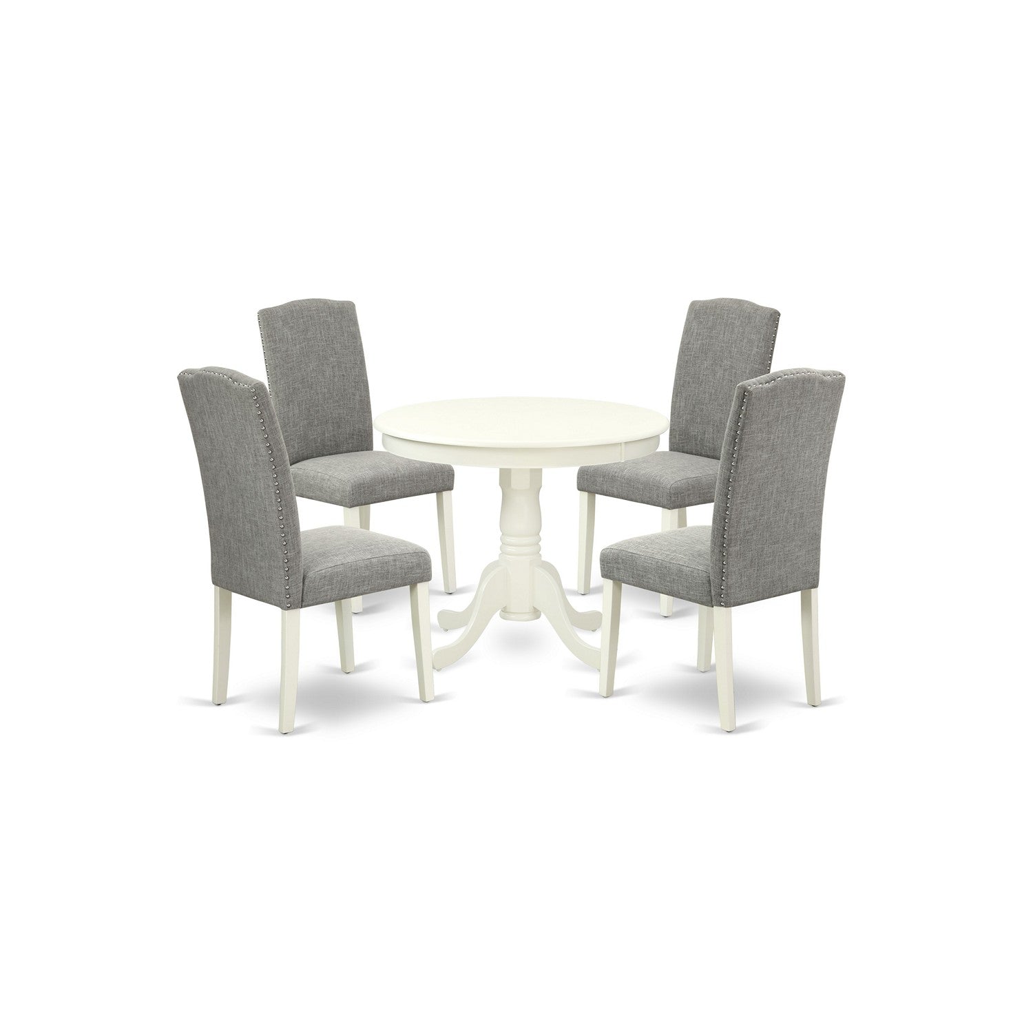ANEN5-LWH-06 5Pc Round 36" Table And 4 Parson Chair With Linen White Leg And Linen Fabric Dark Shitake