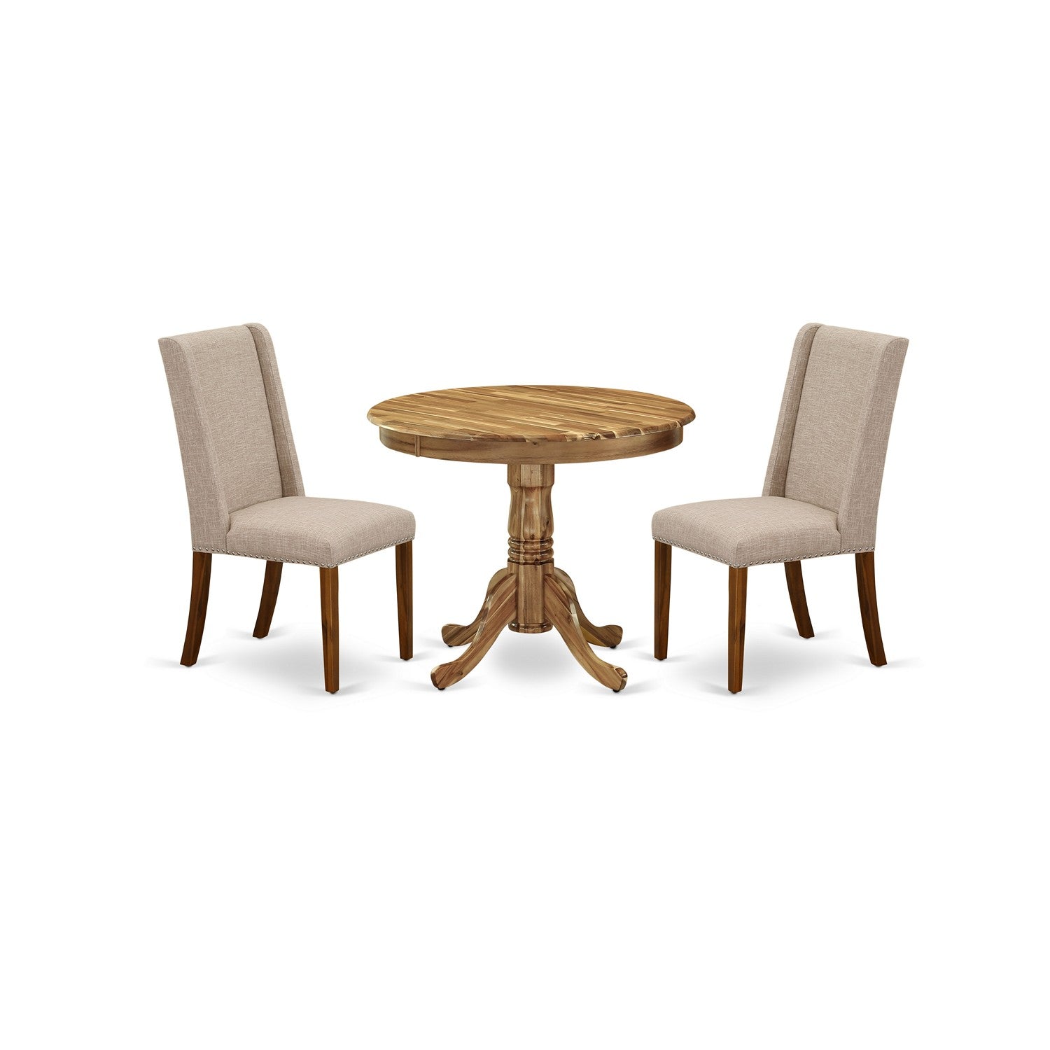 Juego de mesa de cocina de 3 piezas East West Furniture ANFL3-ANA-04 que incluye una mesa de comedor redonda con pedestal y 2 sillas tapizadas en tela de lino color tostado claro.