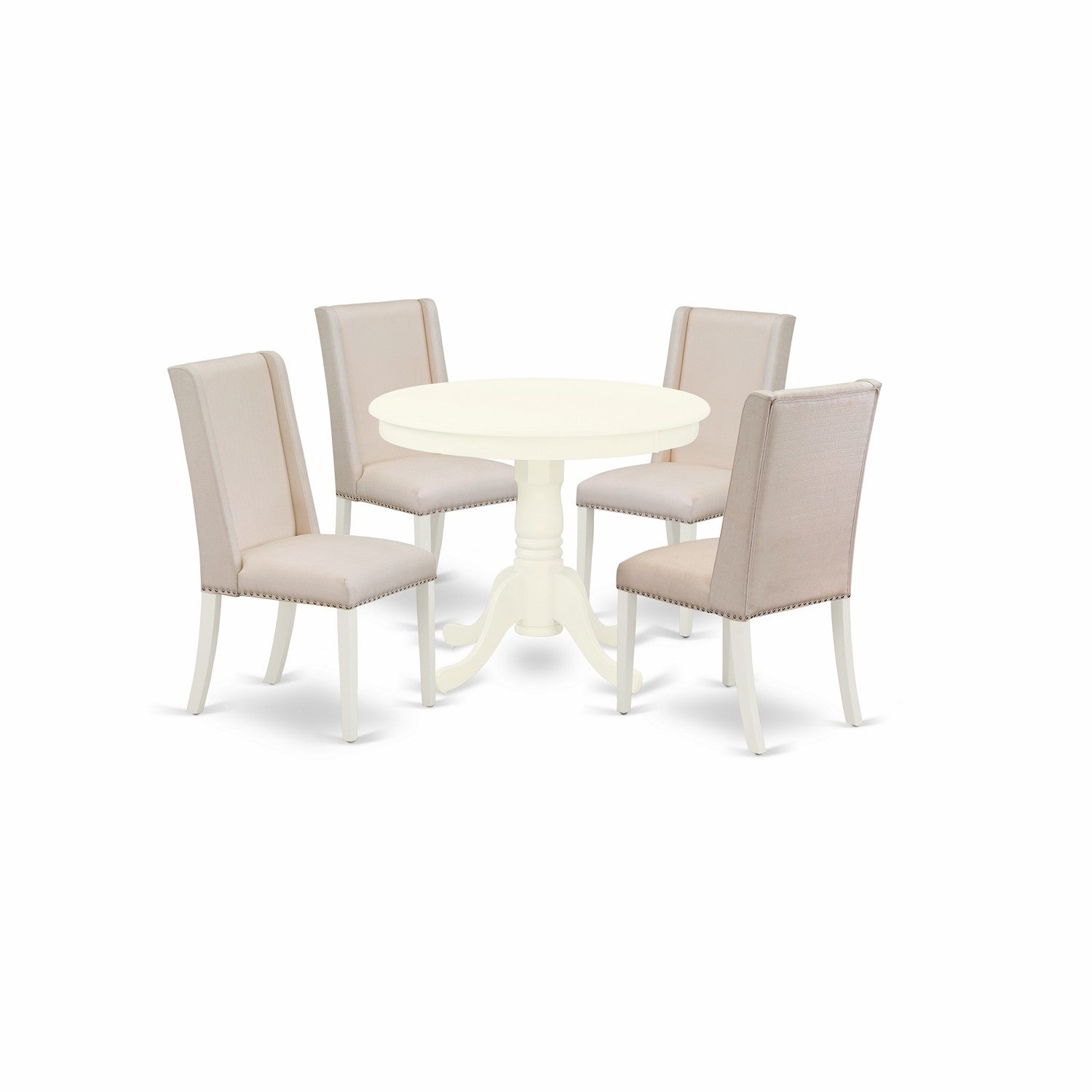 East West Furniture ANFL5-LWH-01 5-Piece Kitchen Dining Table Set Included a Round Dinette Table & 4 Kitchen Chairs, Cream Linen Fabric Padded Parson Chairs Seat with Rubber Wood Legs, Linen White Finish