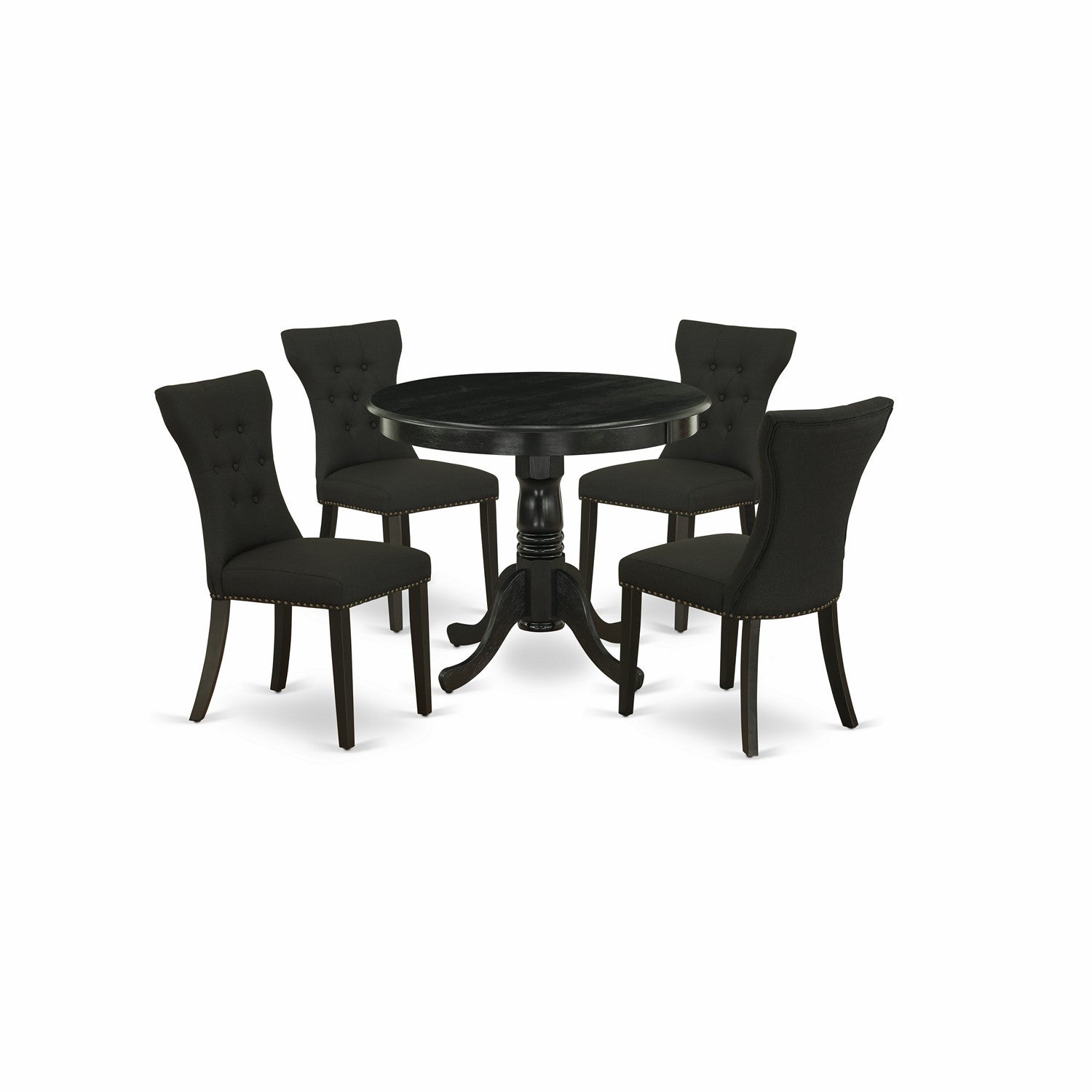 East West Furniture ANGA5-ABK-24 5-Pc Kitchen Table and Chairs Set Included a Round Dining Table & 4 Parson Chairs, Black Linen Fabric Dining Chairs Seat with Rubber Wood Legs, Wirebrushed Black Finish