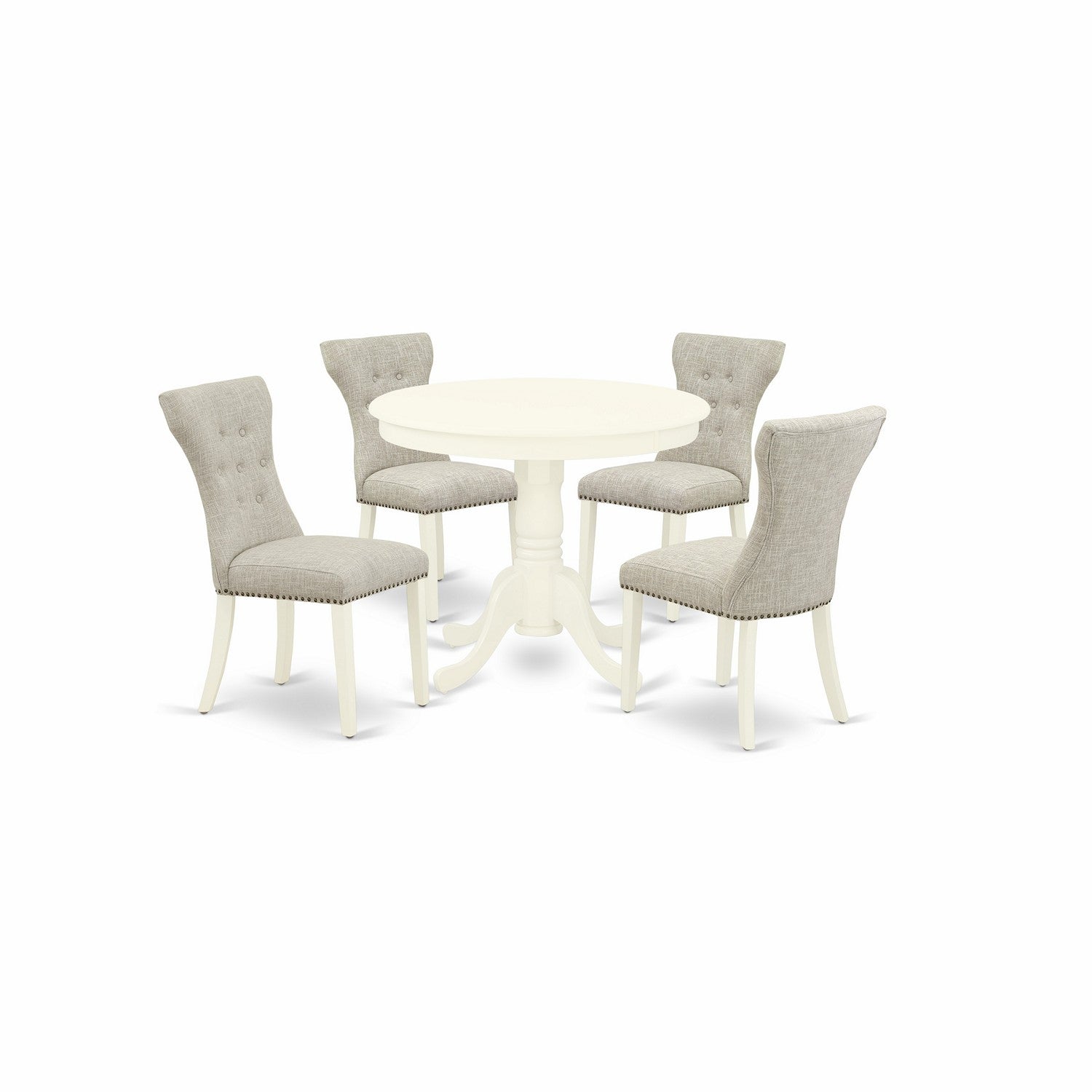 Juego de mesa de comedor de 5 piezas East West Furniture ANGA5-LWH-35 para 4 personas. Incluye una mesa de cocina redonda con pedestal y 4 sillas Parson tapizadas en tela de lino y piel de venado.