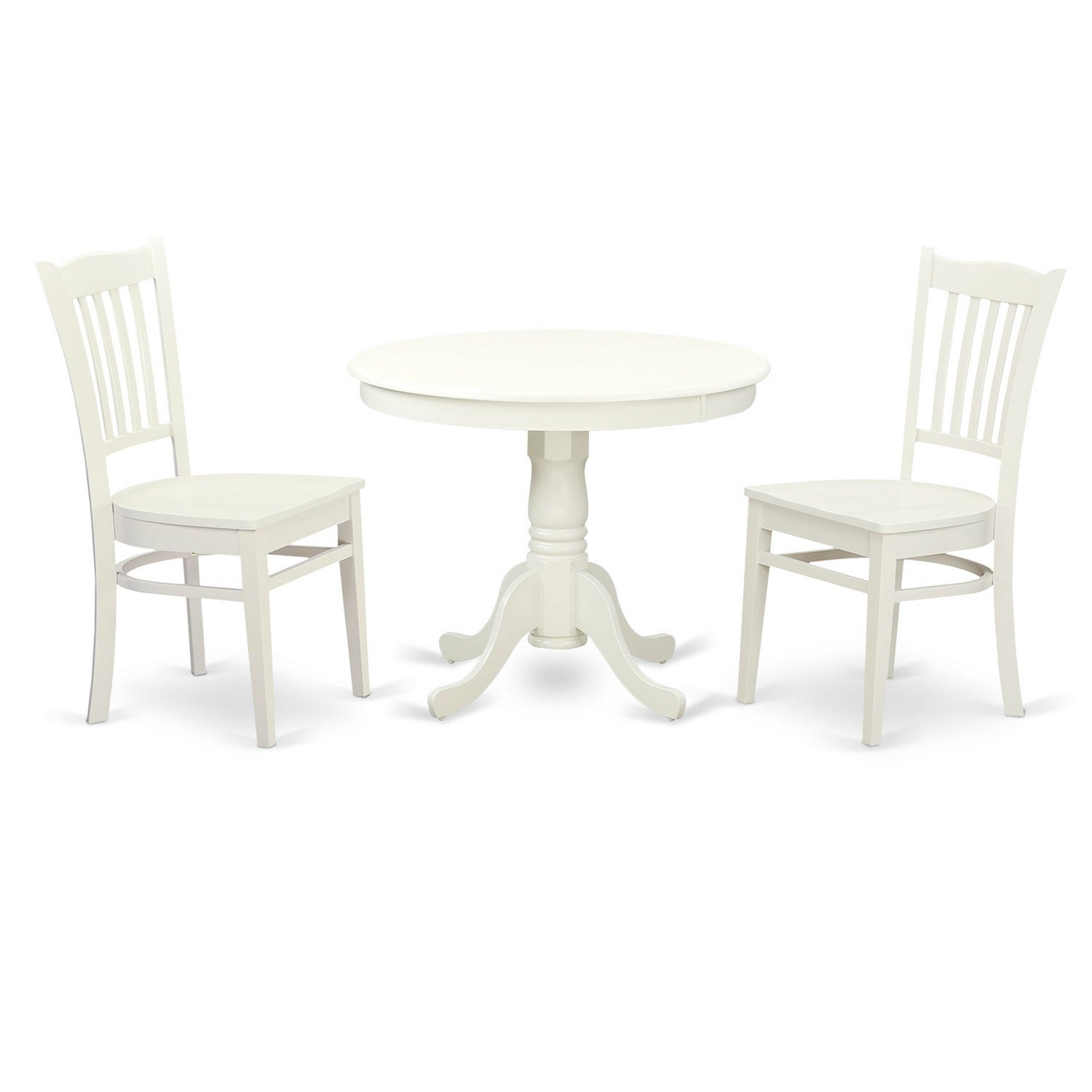 Juego de mesa y sillas de cocina de 3 piezas ANGR3-LWH-W de East West Furniture. Incluye una mesa de comedor redonda con pedestal y 2 sillas con asiento de madera maciza.