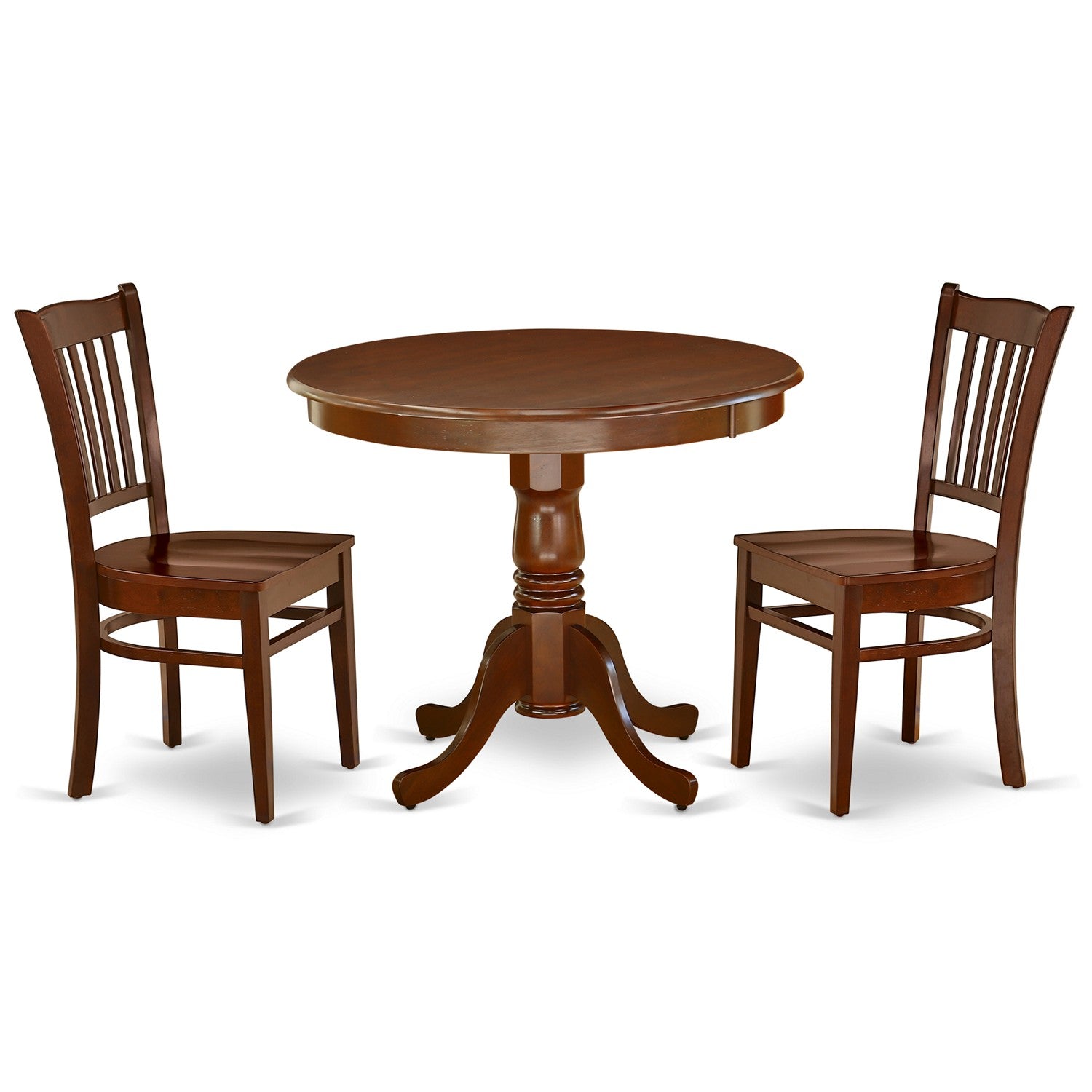 Juego de comedor de 3 piezas East West Furniture ANGR3-MAH-W para espacios pequeños. Contiene una mesa de comedor redonda con pedestal y 2 sillas de comedor de cocina.