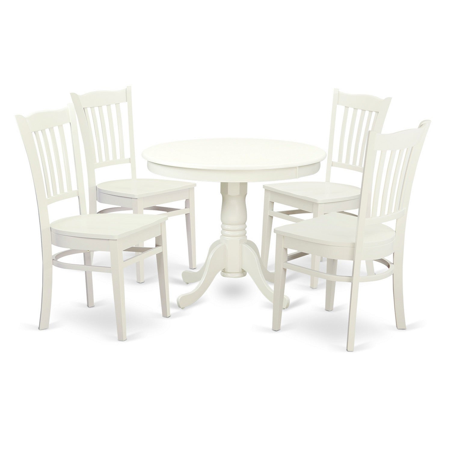 Juego de mesa de comedor de 5 piezas East West Furniture ANGR5-LWH-W para 4 personas. Incluye una mesa de cocina redonda con pedestal y 4 sillas de comedor.