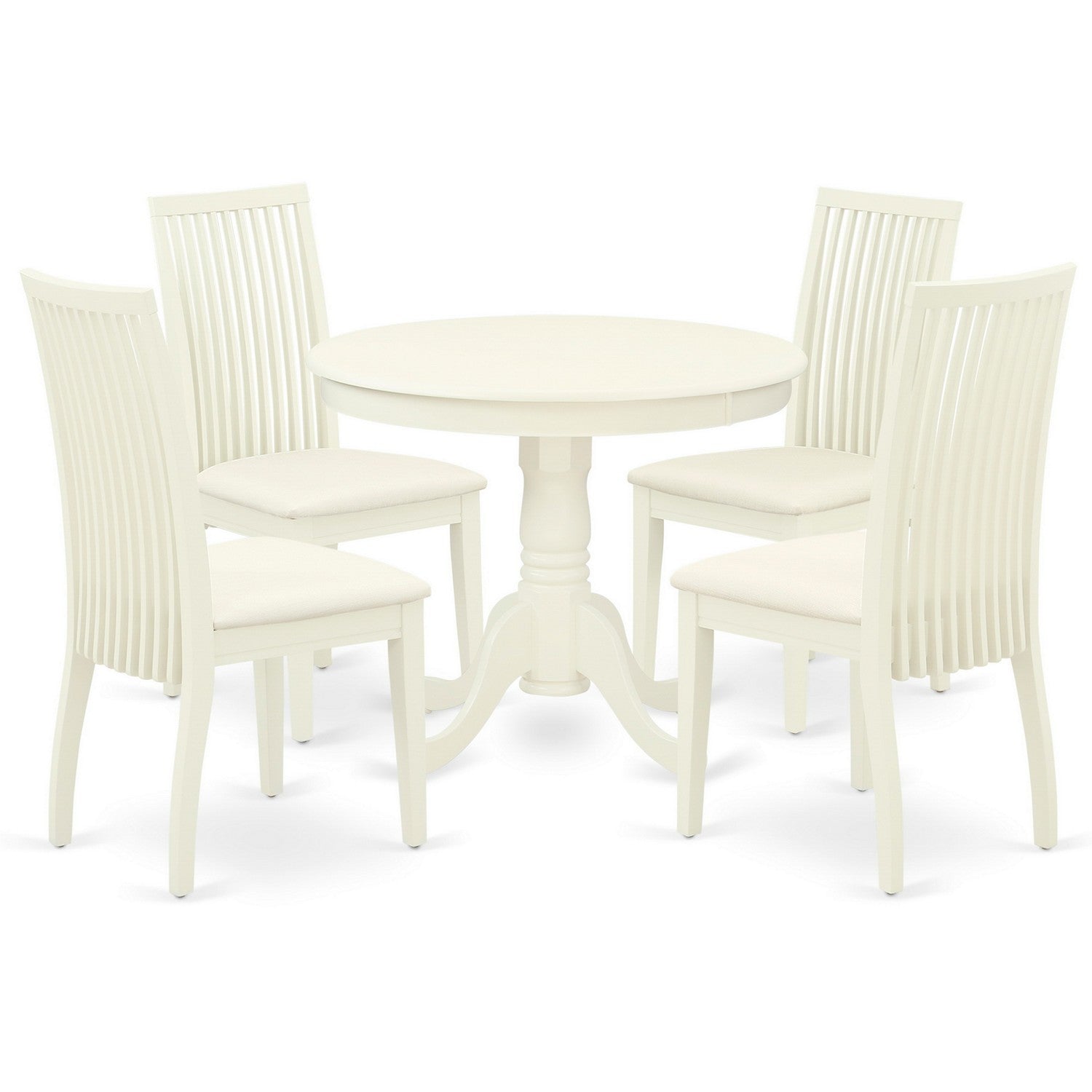 Juego de mesa y sillas de cocina de 5 piezas East West Furniture ANIP5-LWH-C. Incluye una mesa de comedor redonda con pedestal y 4 sillas tapizadas en tela de lino.