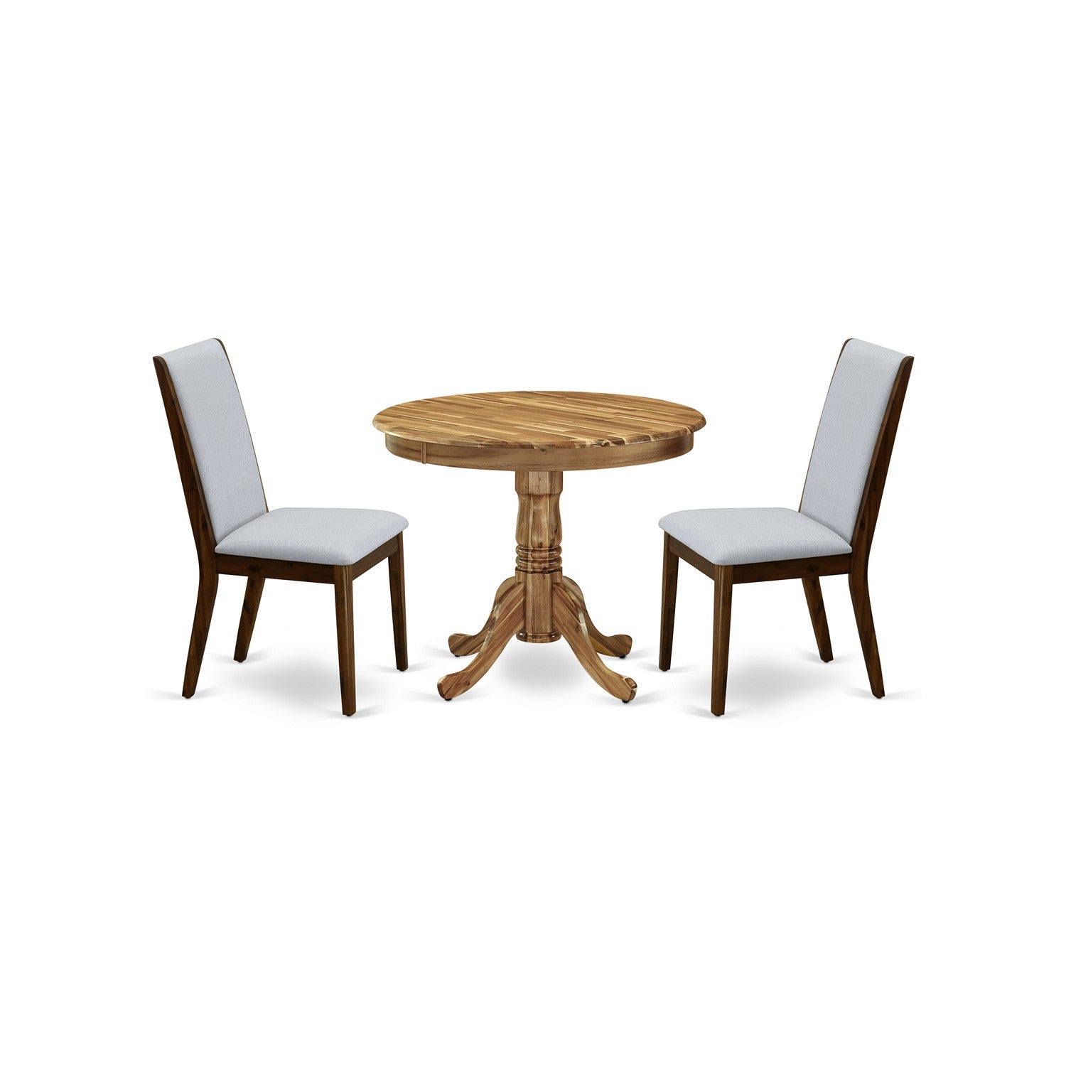 East West Furniture ANLA3-ANA-05 3-Pc Dinette Set Included a Round Dining Table & 2 Upholstered Dining Chairs, Grey Linen Fabric Dining Room Chairs Seat with Rubber Wood Legs, Natural Finish