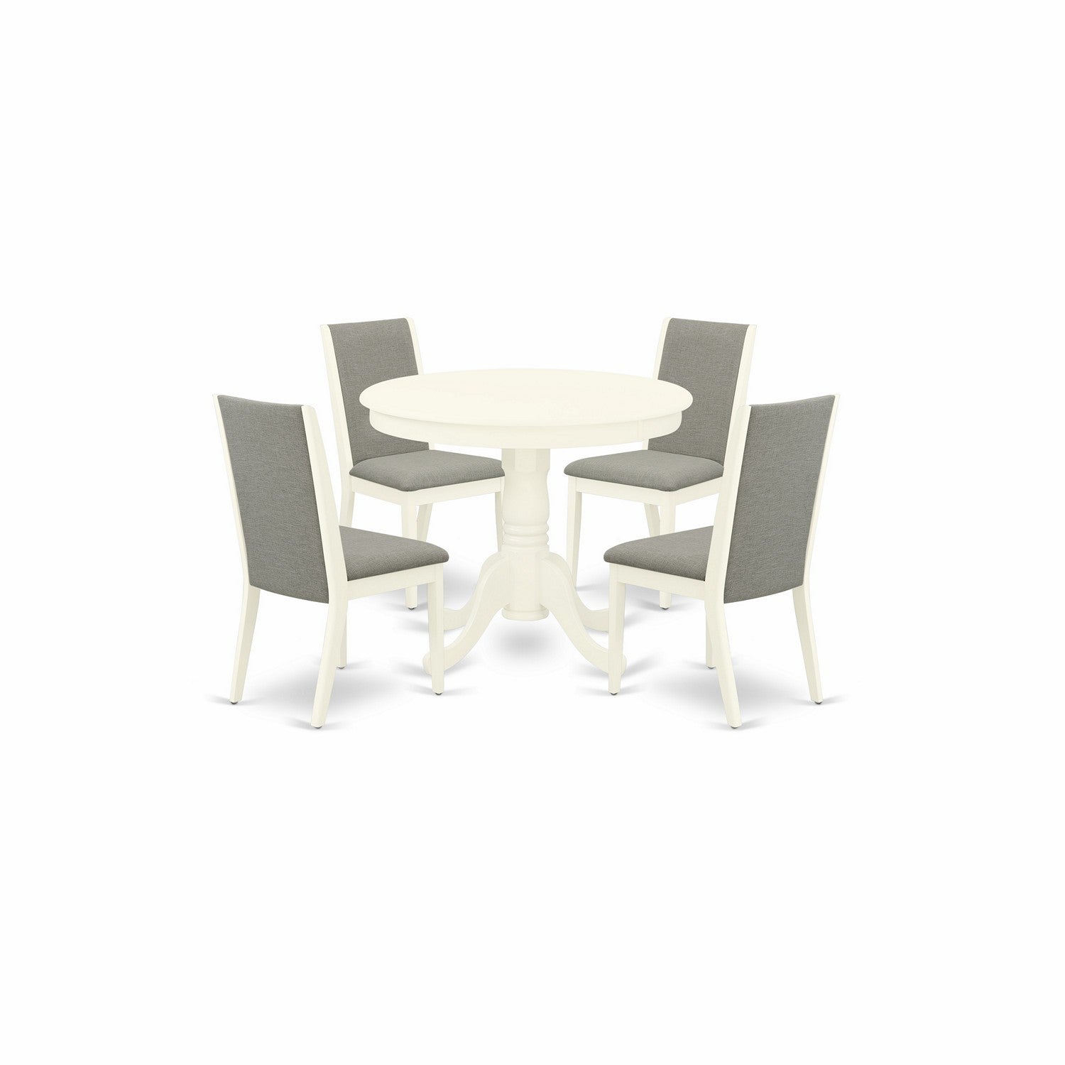 Juego de comedor de 5 piezas East West Furniture ANLA5-LWH-06. Incluye una mesa de cocina redonda con pedestal y 4 sillas de comedor Parsons de tela de lino Shitake.