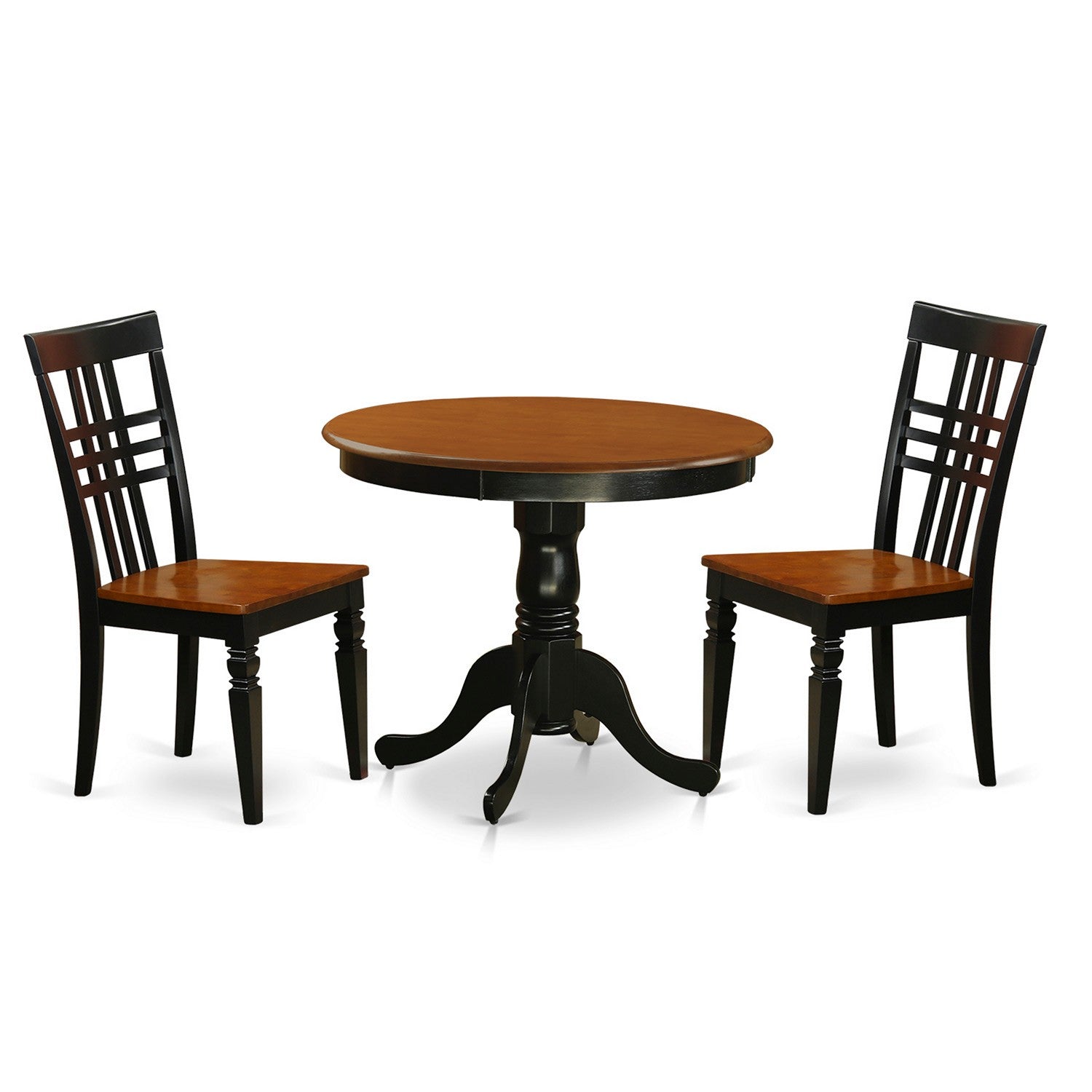 Juego de mesa de comedor de 3 piezas East West Furniture ANLG3-BCH-W. Incluye una mesa de cocina redonda con pedestal y 2 sillas de comedor.
