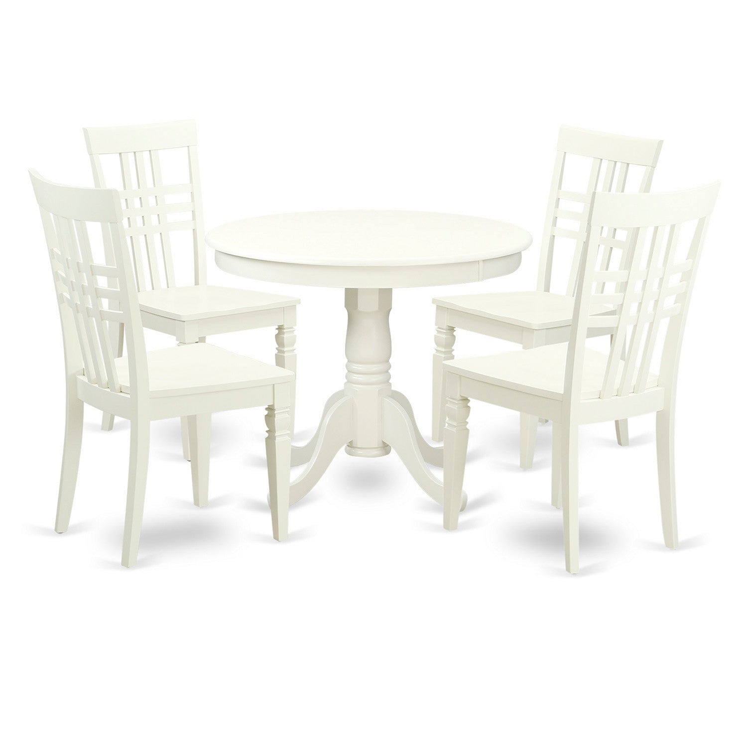 Juego de mesa de comedor de 5 piezas para 4 personas de East West Furniture ANLG5-LWH-W. Incluye una mesa de cocina redonda con pedestal y 4 sillas de comedor de cocina.