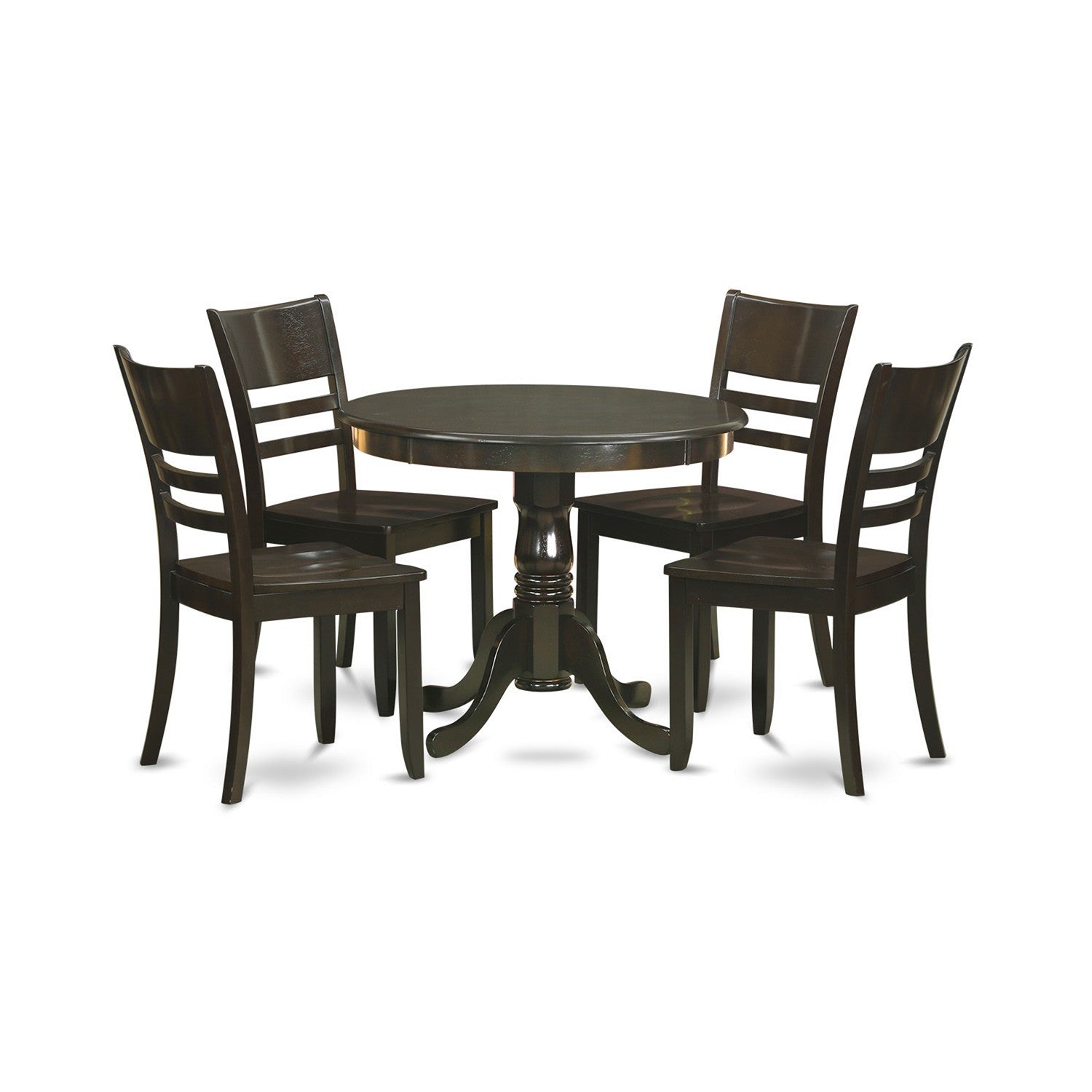 Juego de muebles de comedor de 5 piezas East West Furniture ANLY5-CAP-W. Incluye una mesa de comedor redonda con pedestal y 4 sillas con asiento de madera.