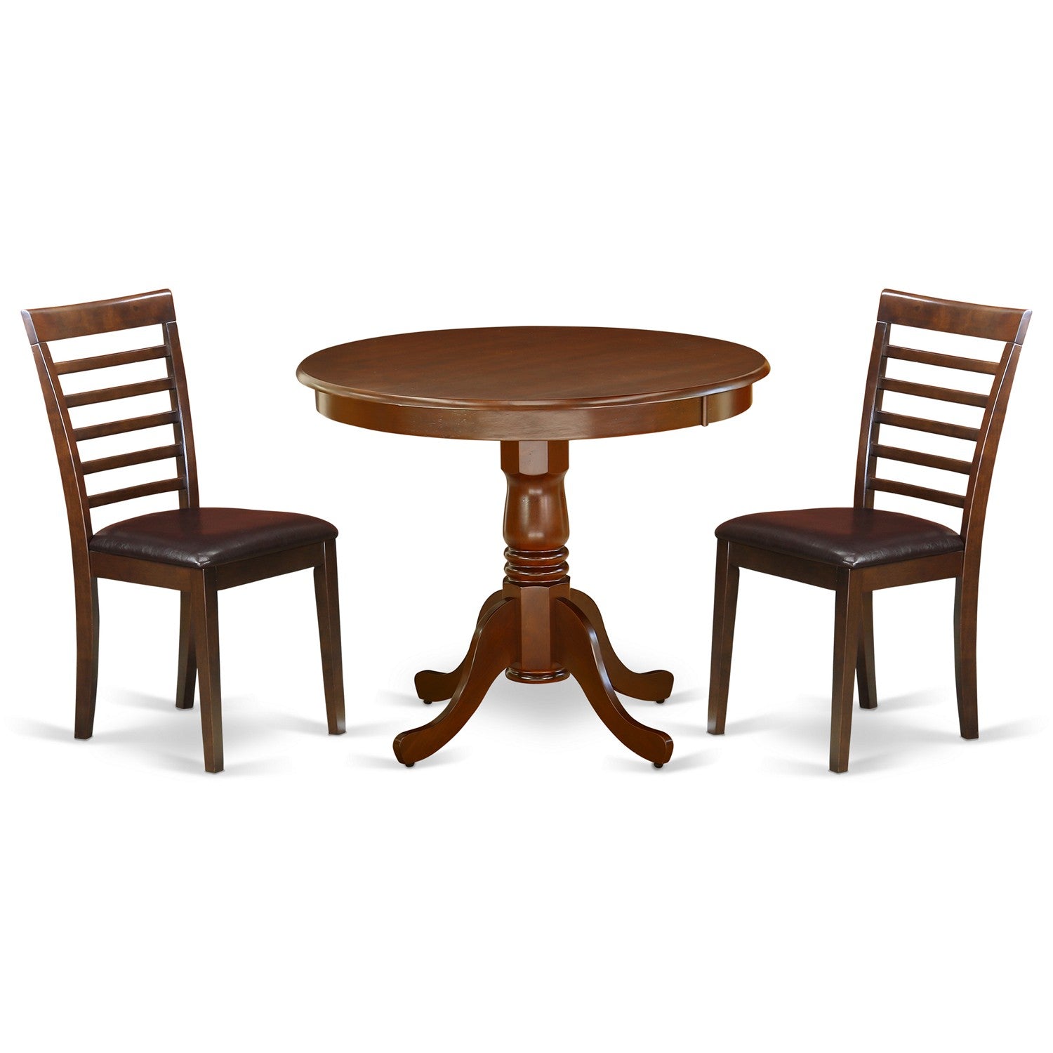 ANML3-MAH-LC 3Pc Rounded 36" Kitchen Table And A Pair Of Faux Leather Seat Dining Chairs