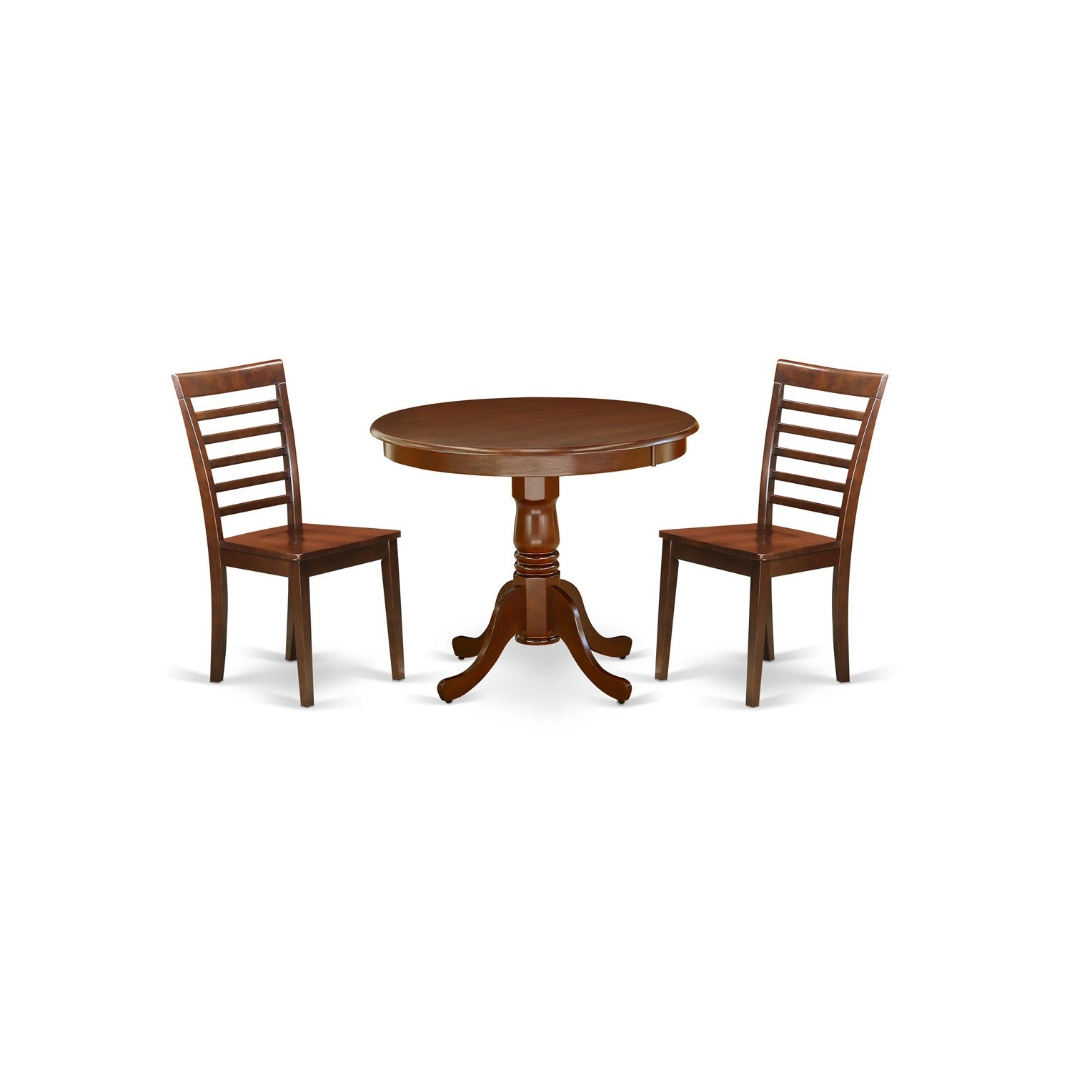 Juego de mesa de comedor moderna de 3 piezas East West Furniture ANML3-MAH-W. Incluye una mesa de cocina redonda con pedestal y 2 sillas de comedor.