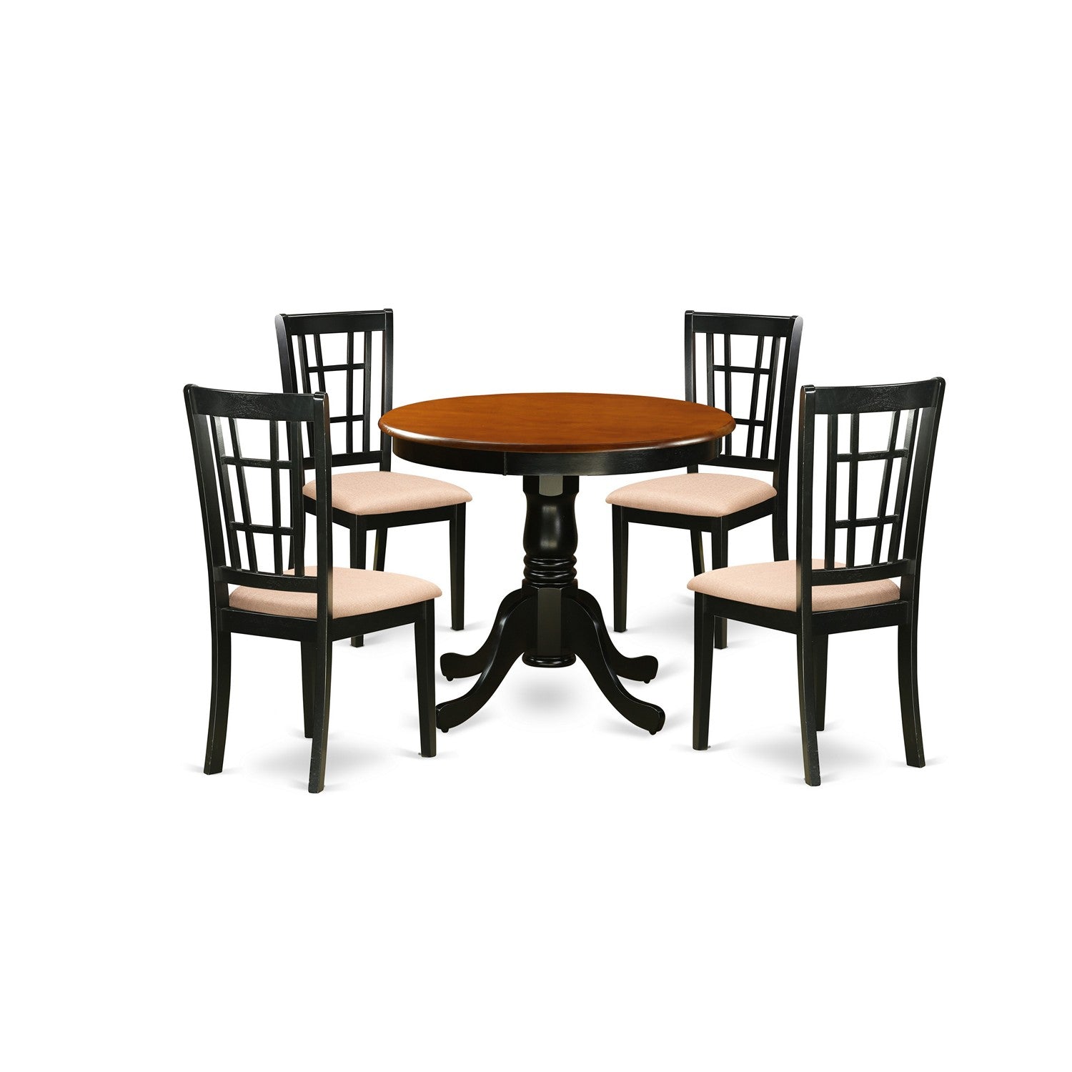 El juego de mesa de comedor de 5 piezas East West Furniture ANNI5-BLK-C incluye una mesa de cocina redonda con pedestal y 4 sillas de comedor tapizadas en tela de lino.