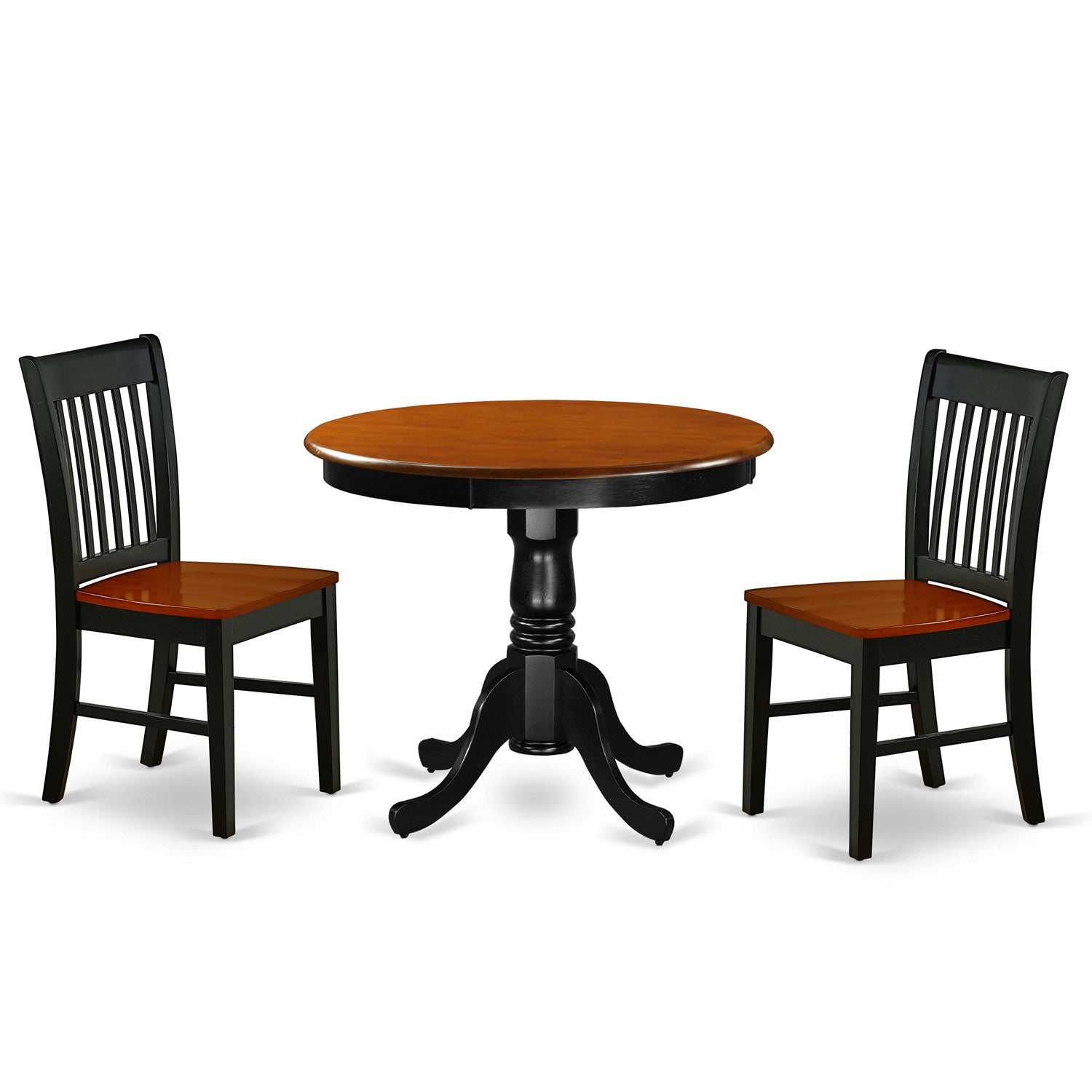 Juego de mesa y sillas de cocina de 3 piezas East West Furniture ANNO3-BCH-W. Incluye una mesa de comedor redonda con pedestal y 2 sillas con asiento de madera maciza.